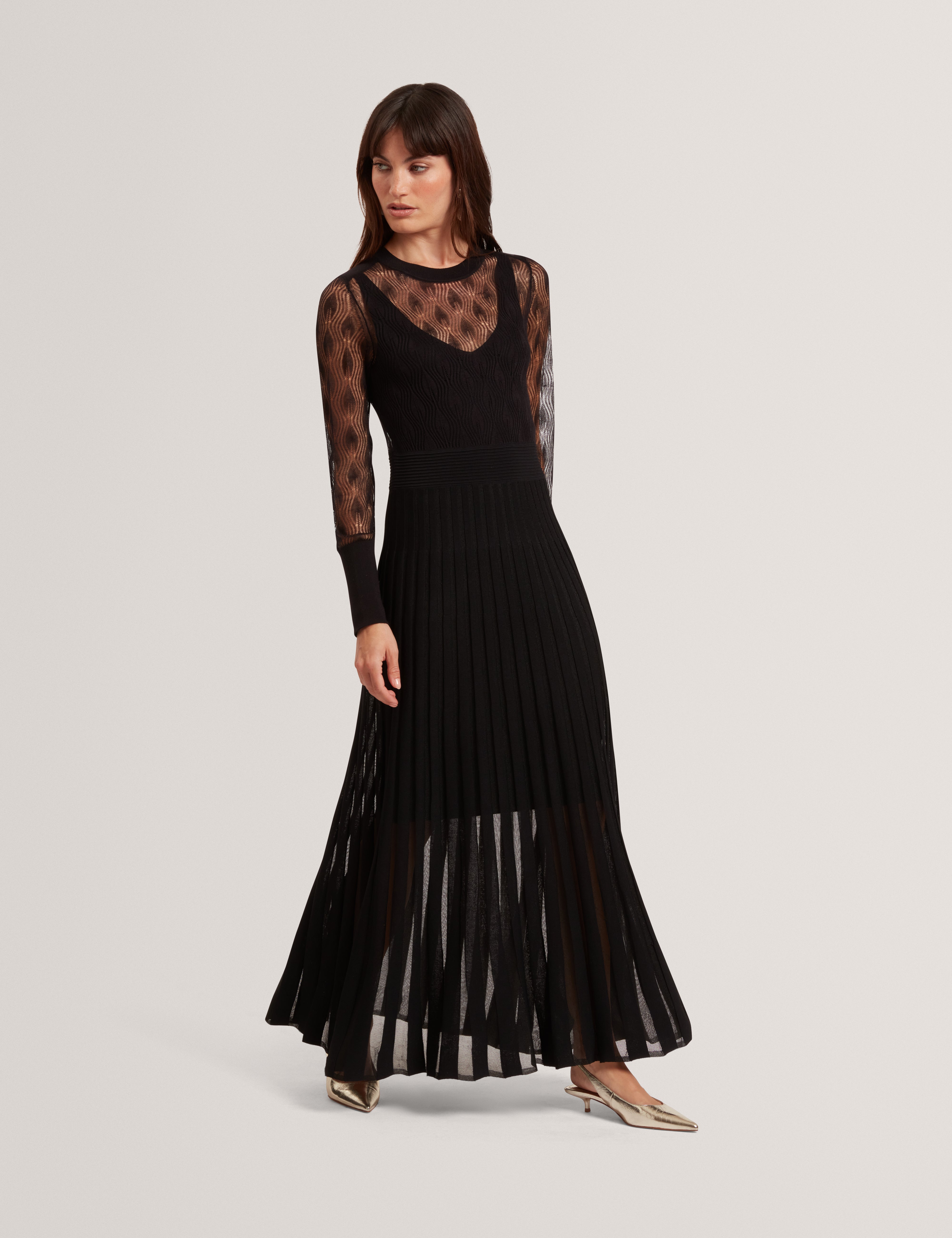 TIIMARA: Pointelle Long Sleeve Knit Midi Dress