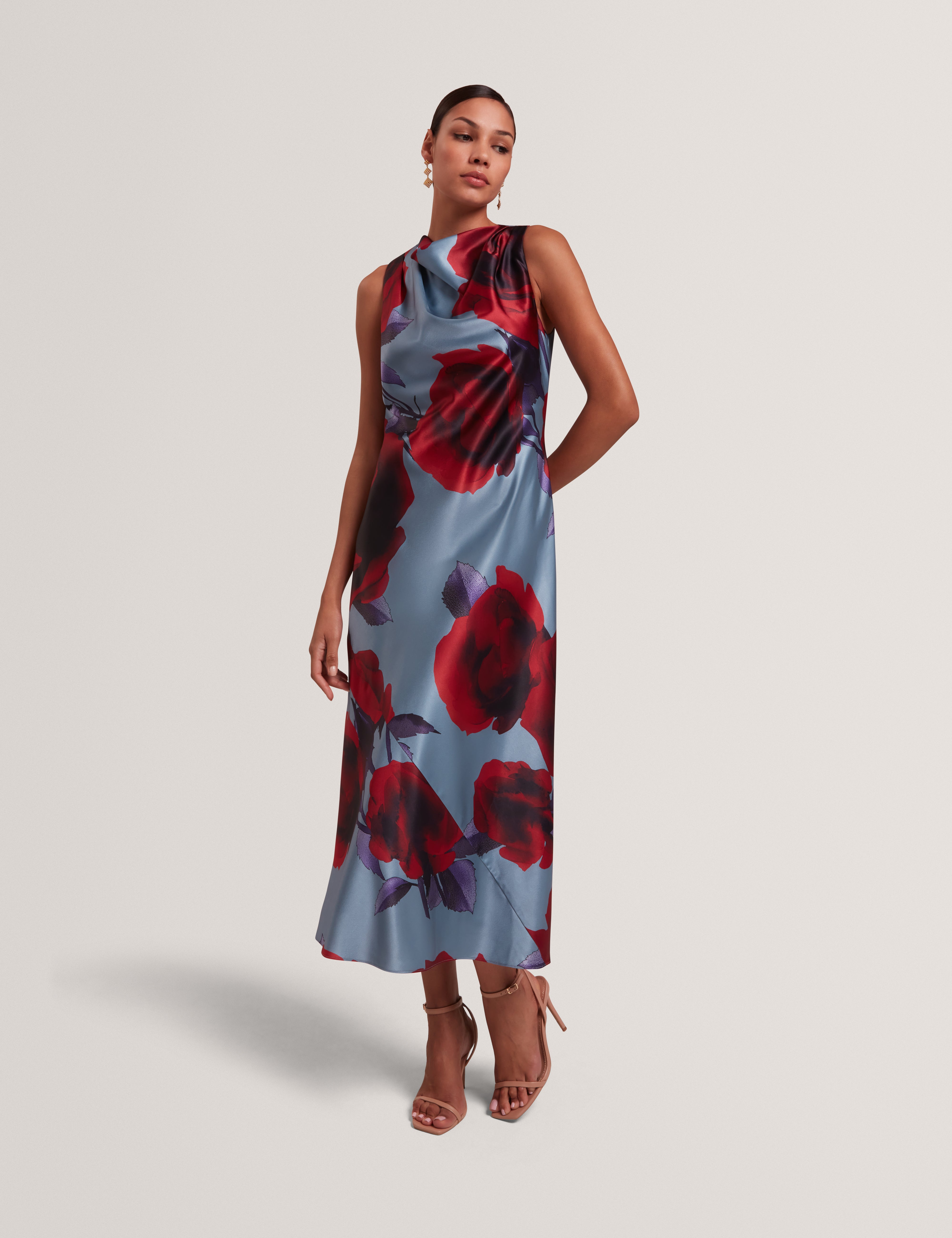 Women's HARRLIA-Printed Draped Neck Midi Dress