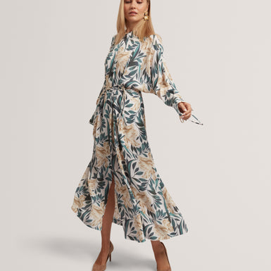 RHAEE: Printed Tie Detail Midi Shirt Dress