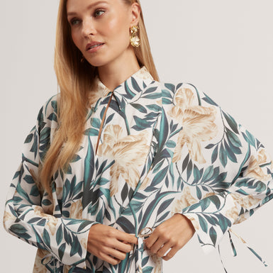 RHAEE: Printed Tie Detail Midi Shirt Dress