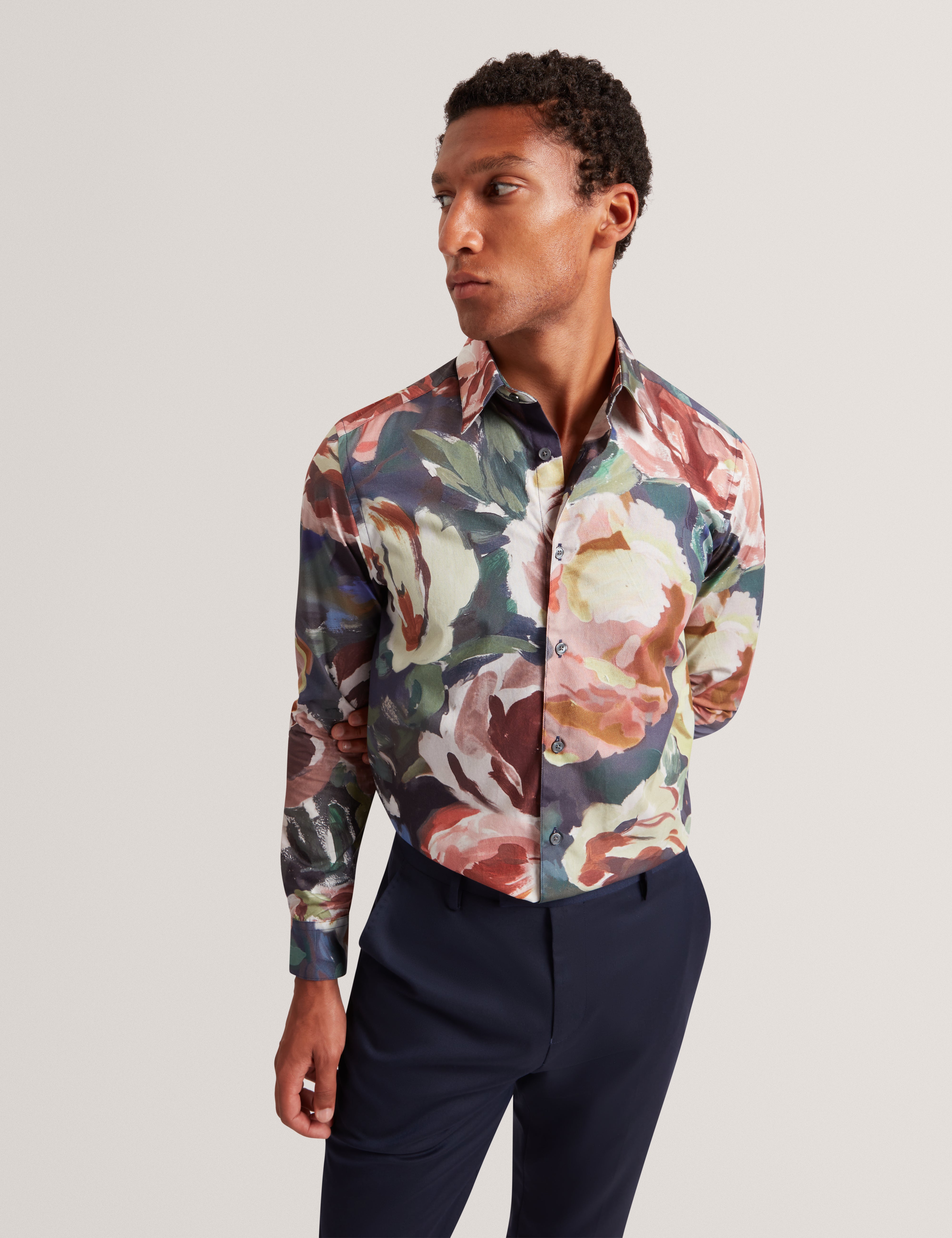 BRYNHIL: LS Regular Fit Large Painted Floral Shirt