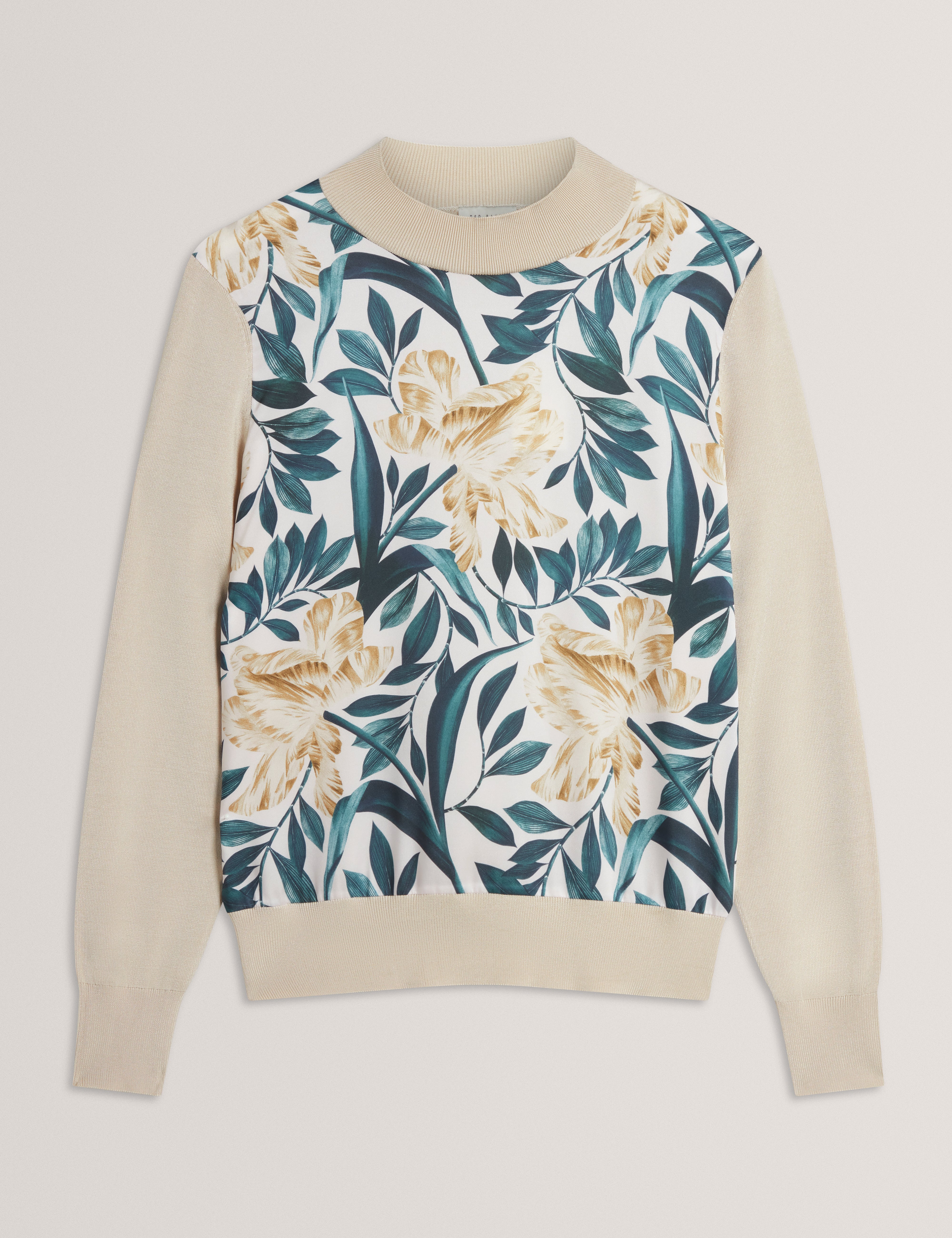 MERRNI: Printed Woven Front Knit Top