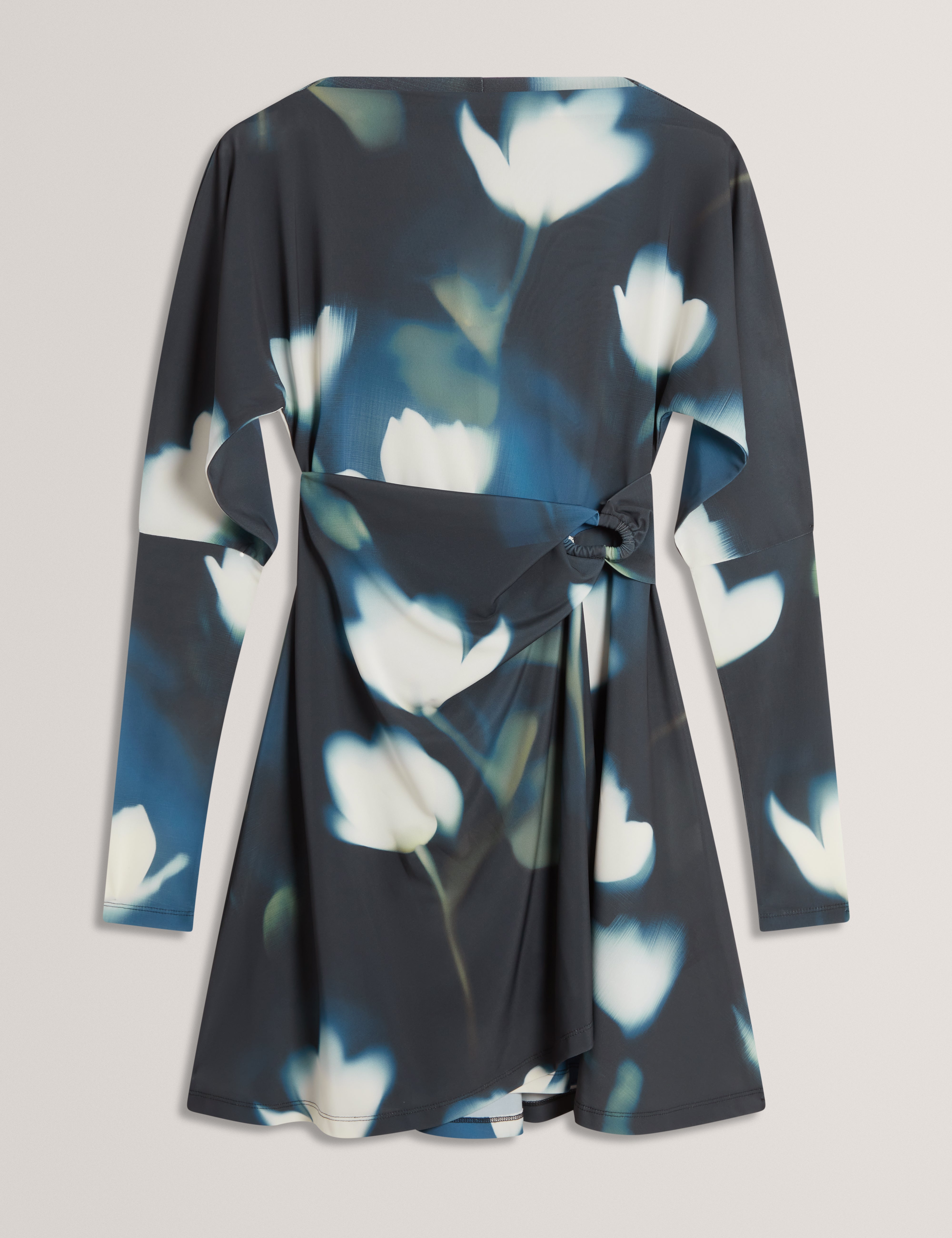 TAIRIEE: Printed Jersey Wrap Mini Dress