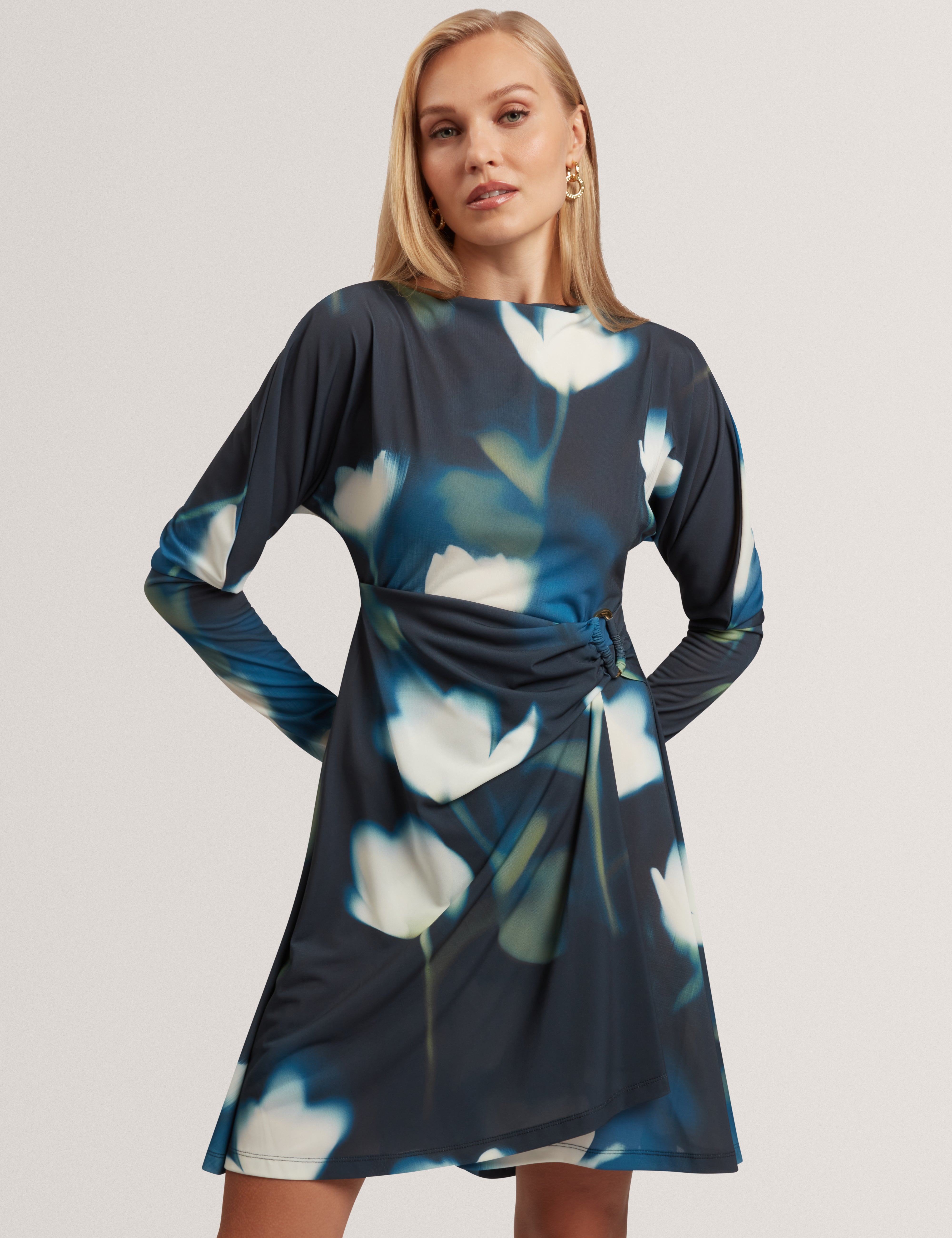 TAIRIEE: Printed Jersey Wrap Mini Dress