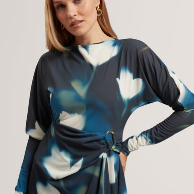 TAIRIEE: Printed Jersey Wrap Mini Dress