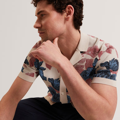 ASHQARA: Ss Relaxed Floral Button Through Polo