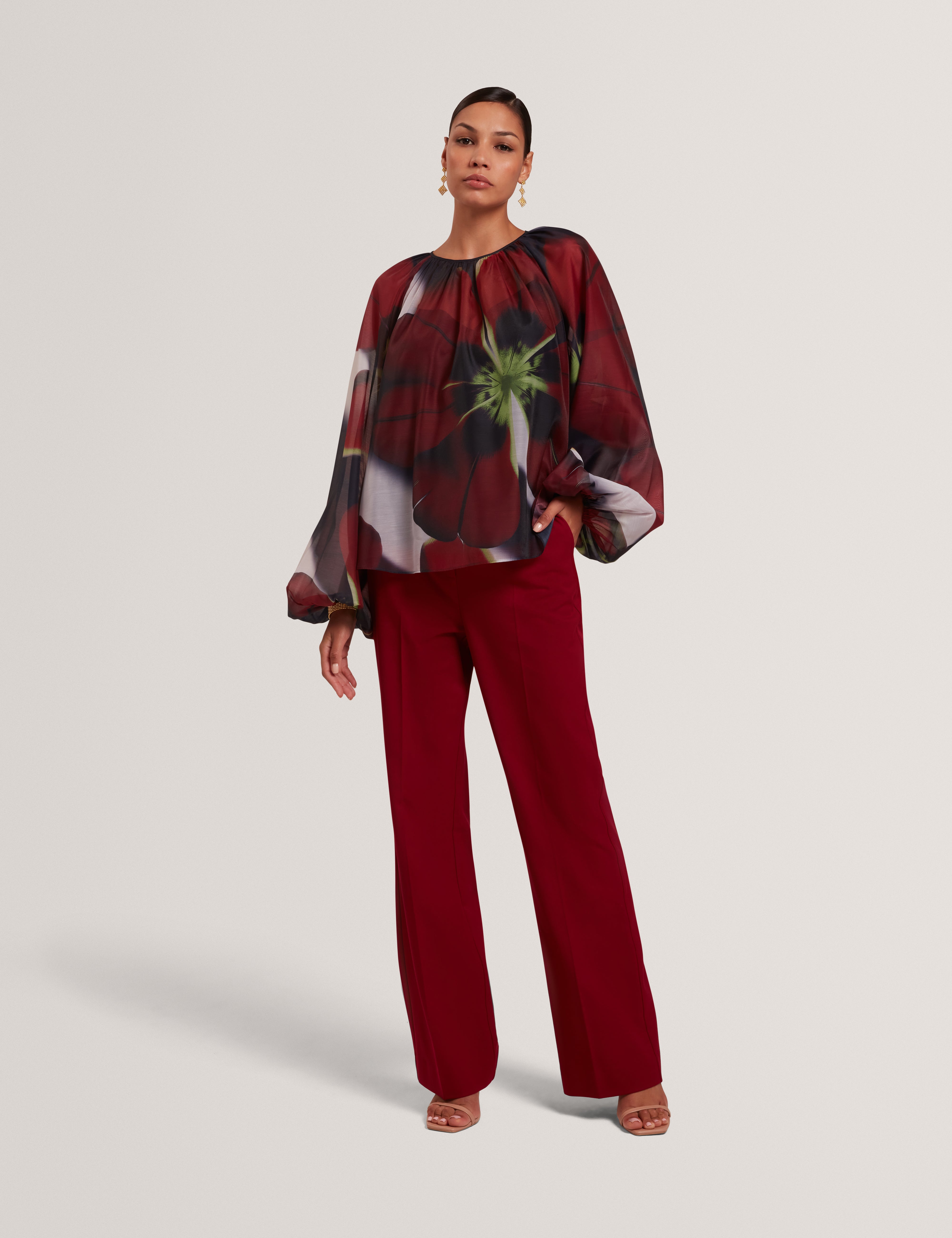 ELAIA: Printed Organza Puff Sleeve Blouse