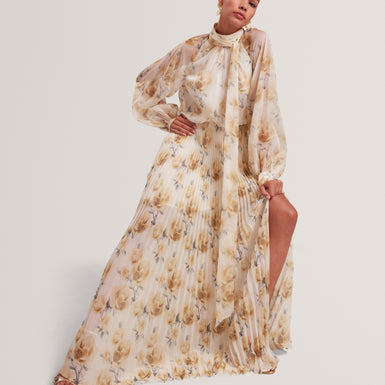 PATSIE: Tie Detail Long Sleeve Floral Maxi Dress
