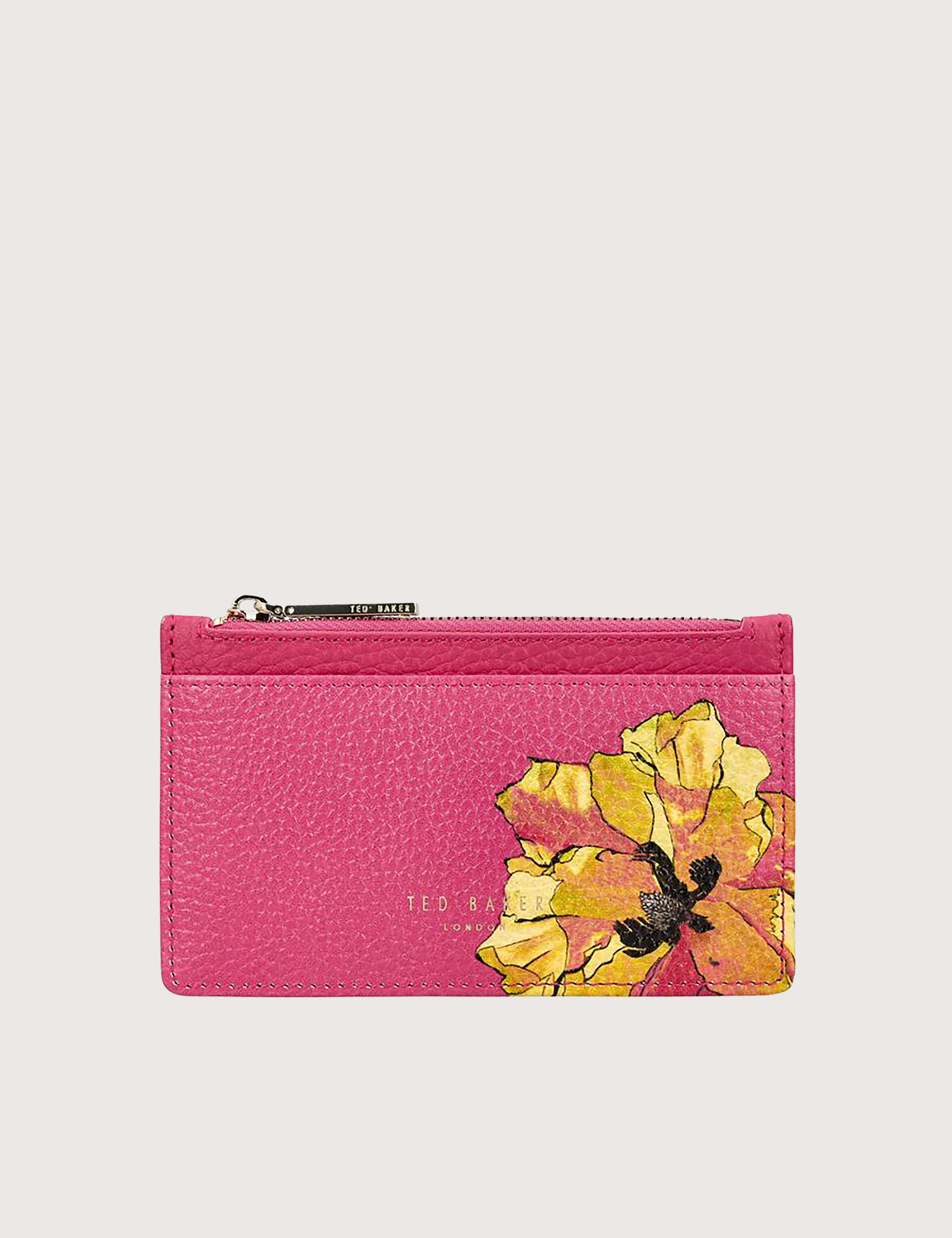 MIELINI: Floral Printed Zip Card Holder Brt-Pink