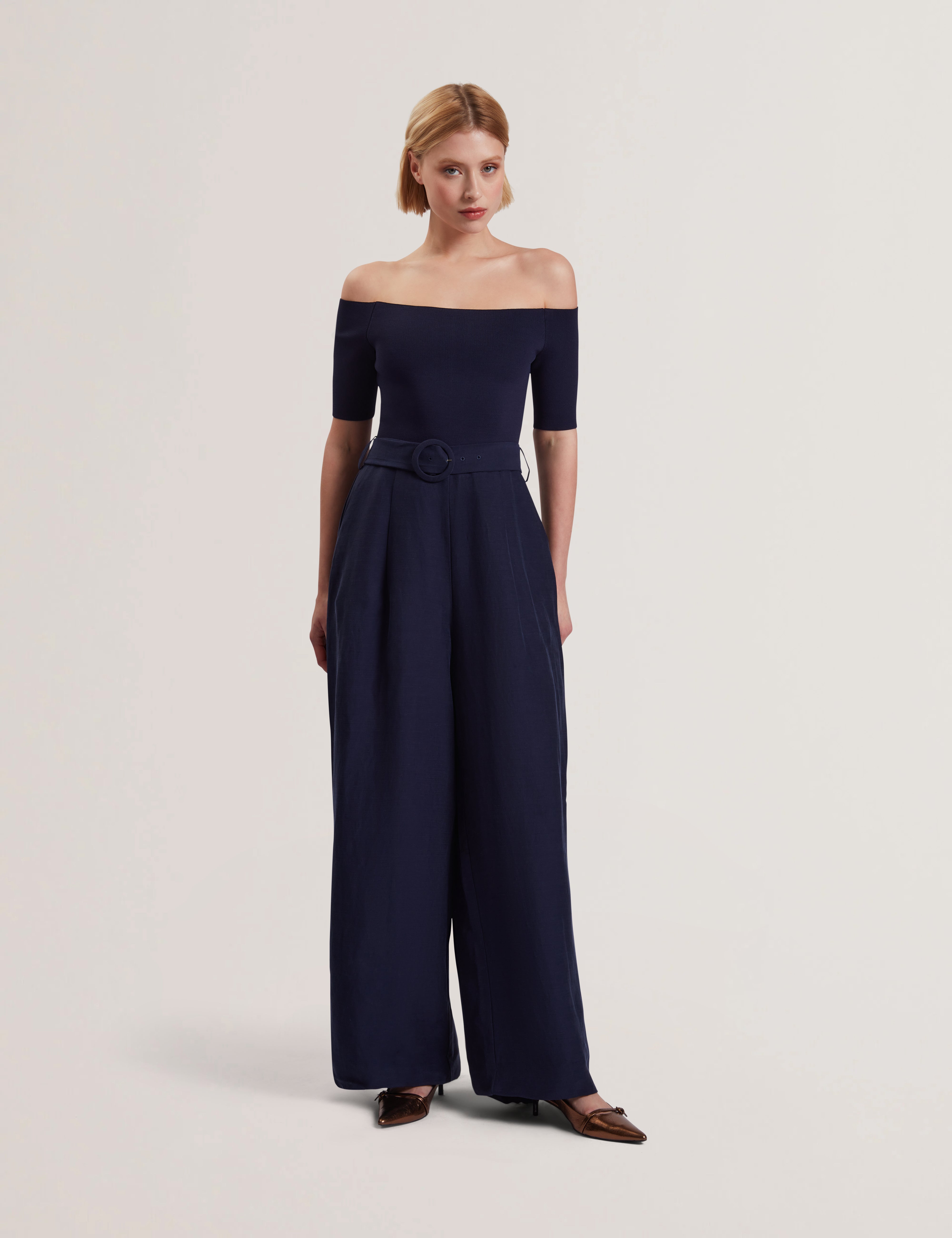 Women's ANGELIY-Bardot Jumpsuit with Knitted Top Navy