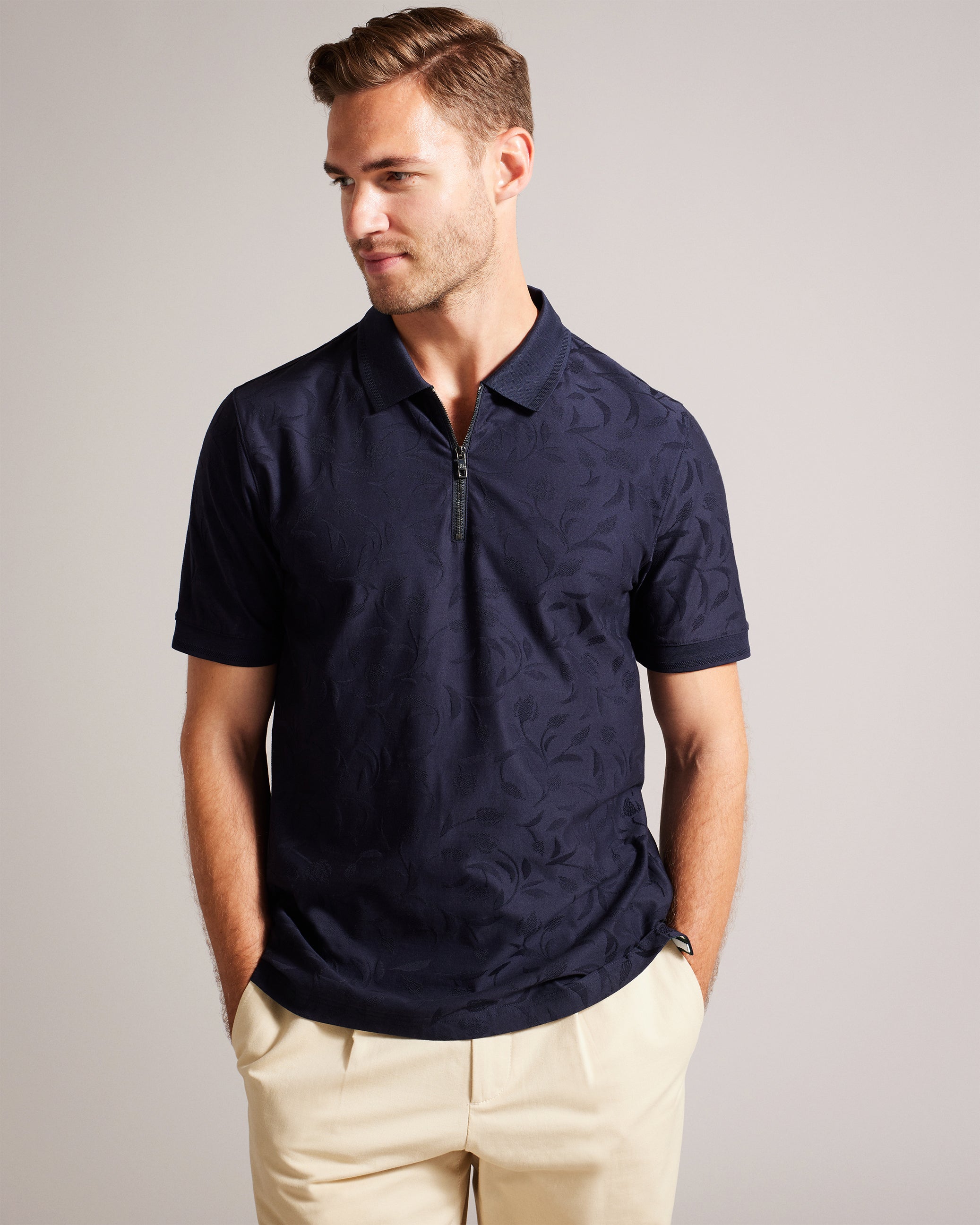 Men's Polenn-Ss Regular Textured Half-Zip Polo Navy