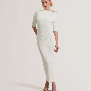 CANDIIC: Ribbed Knit Button Detail Column Dress