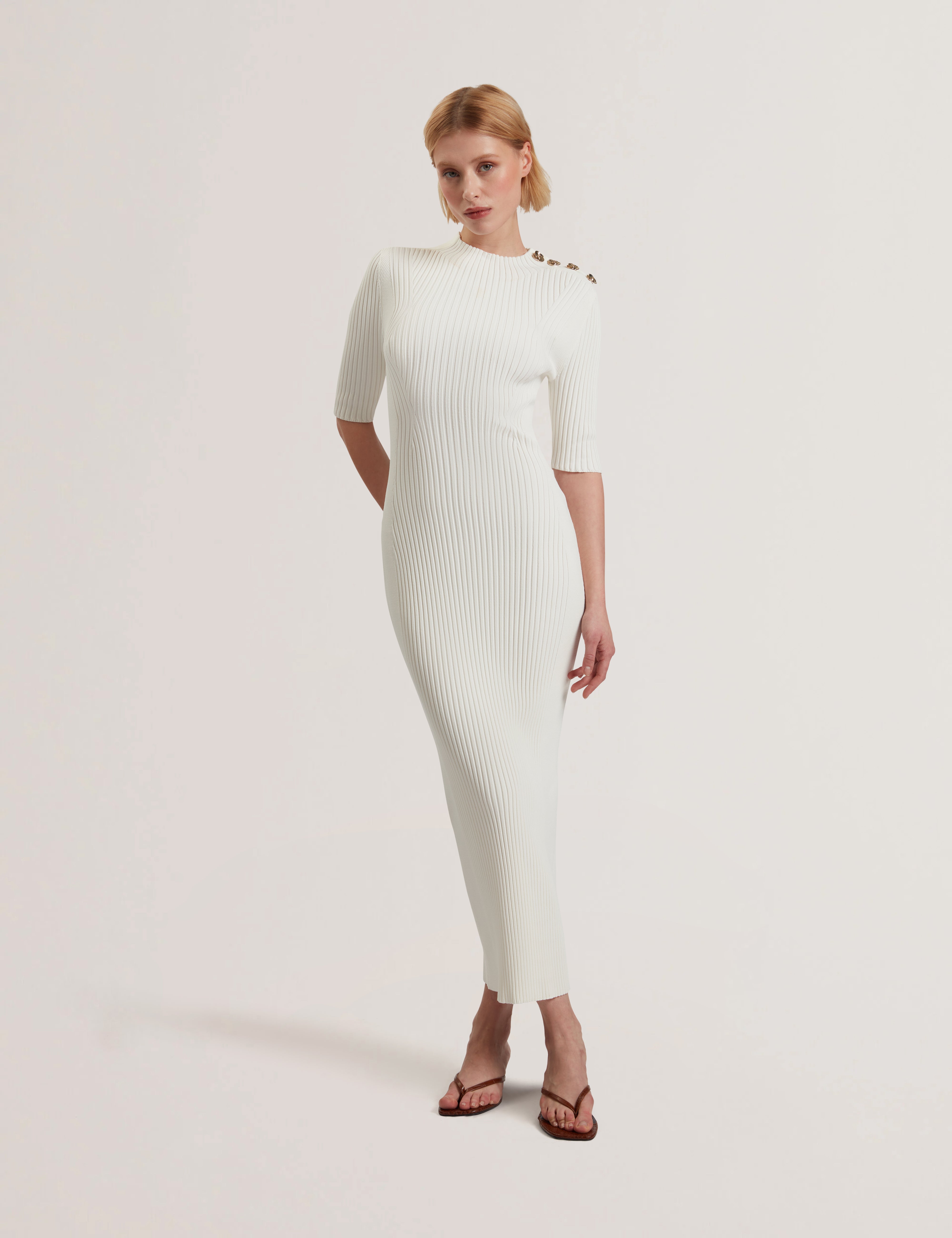 CANDIIC: Ribbed Knit Button Detail Column Dress