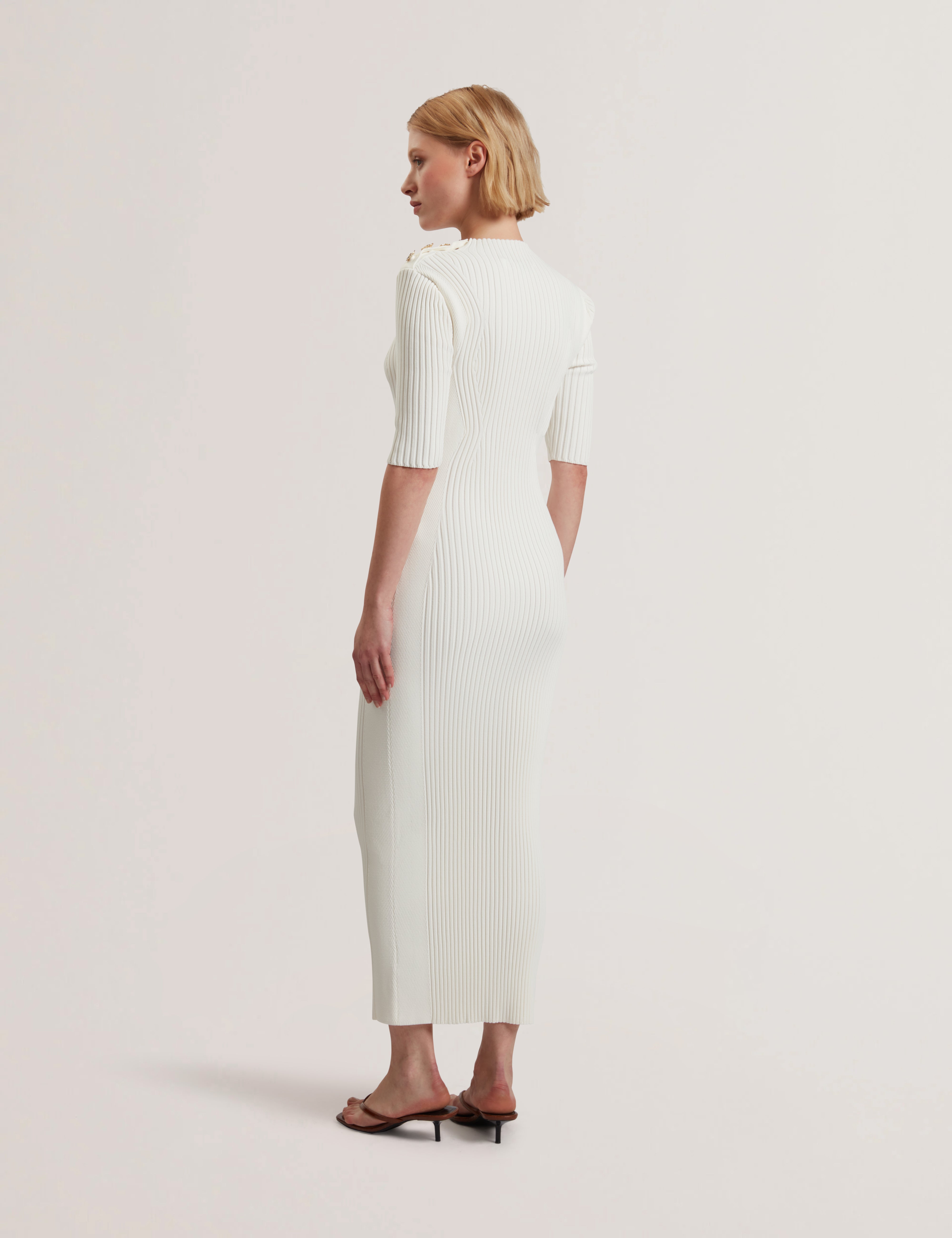 CANDIIC: Ribbed Knit Button Detail Column Dress