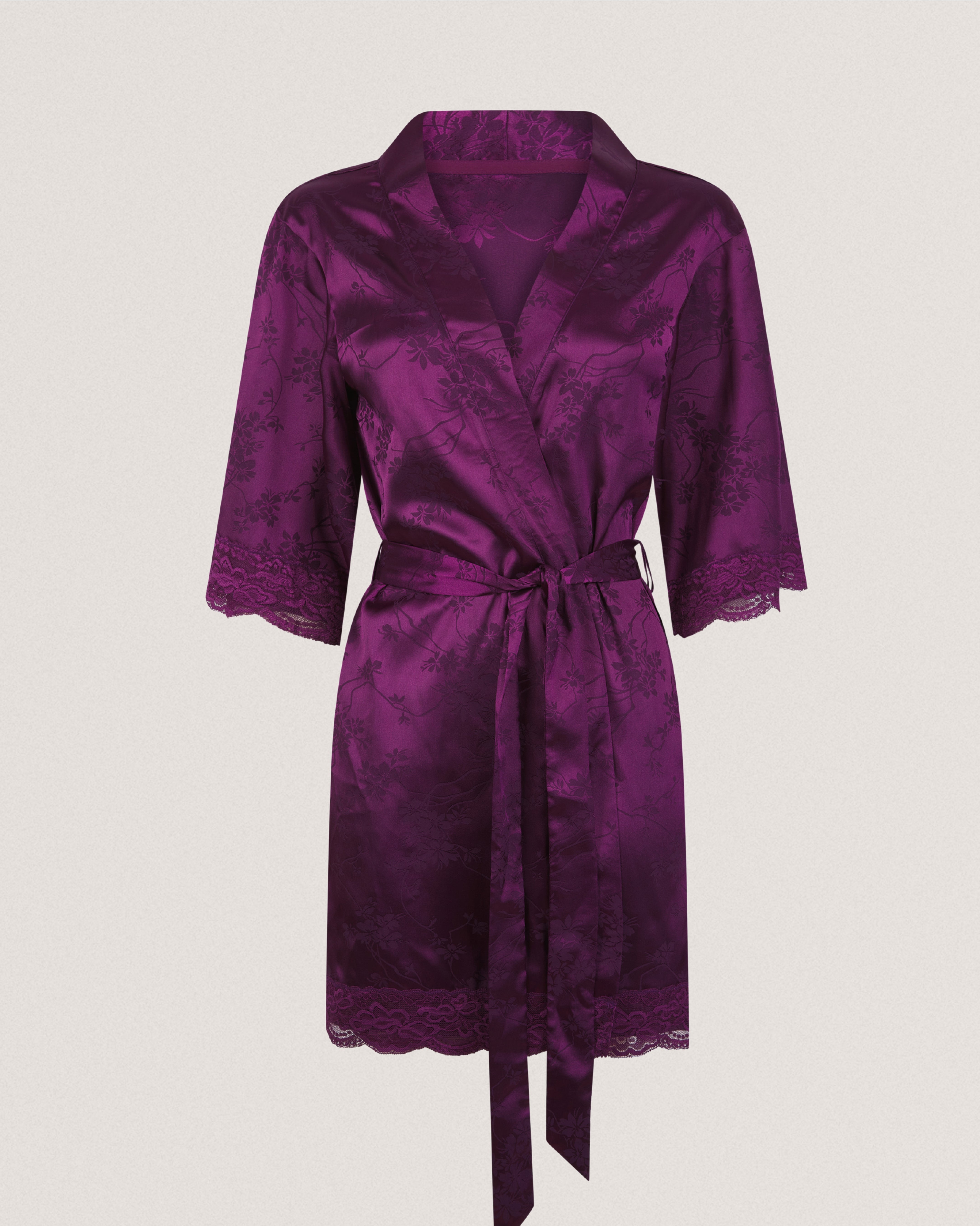 CLARA: Satin Lace Trim Kimono Dressing Gown