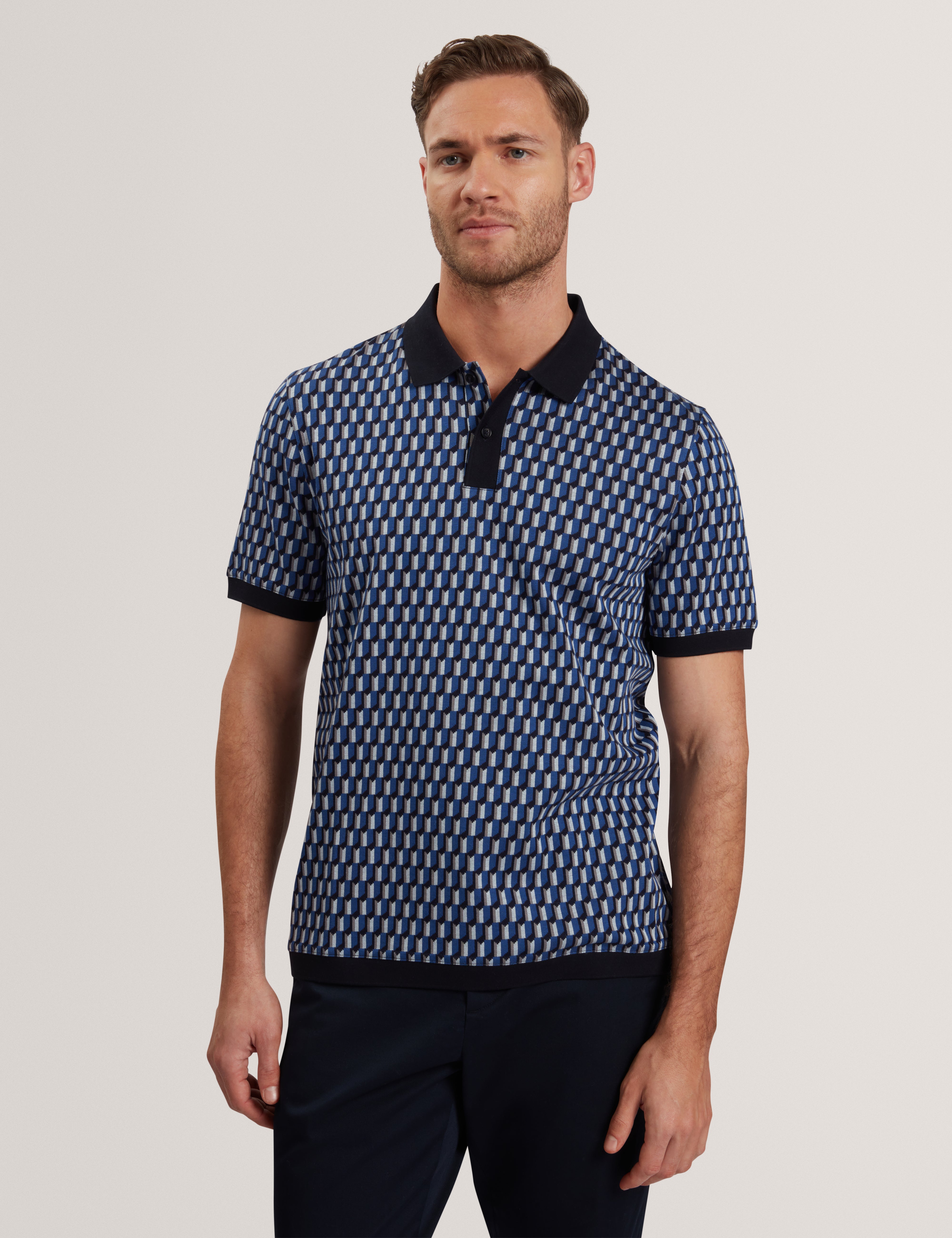 Men's HAMISHS-SS Jacquard Stripe Geo Polo Navy