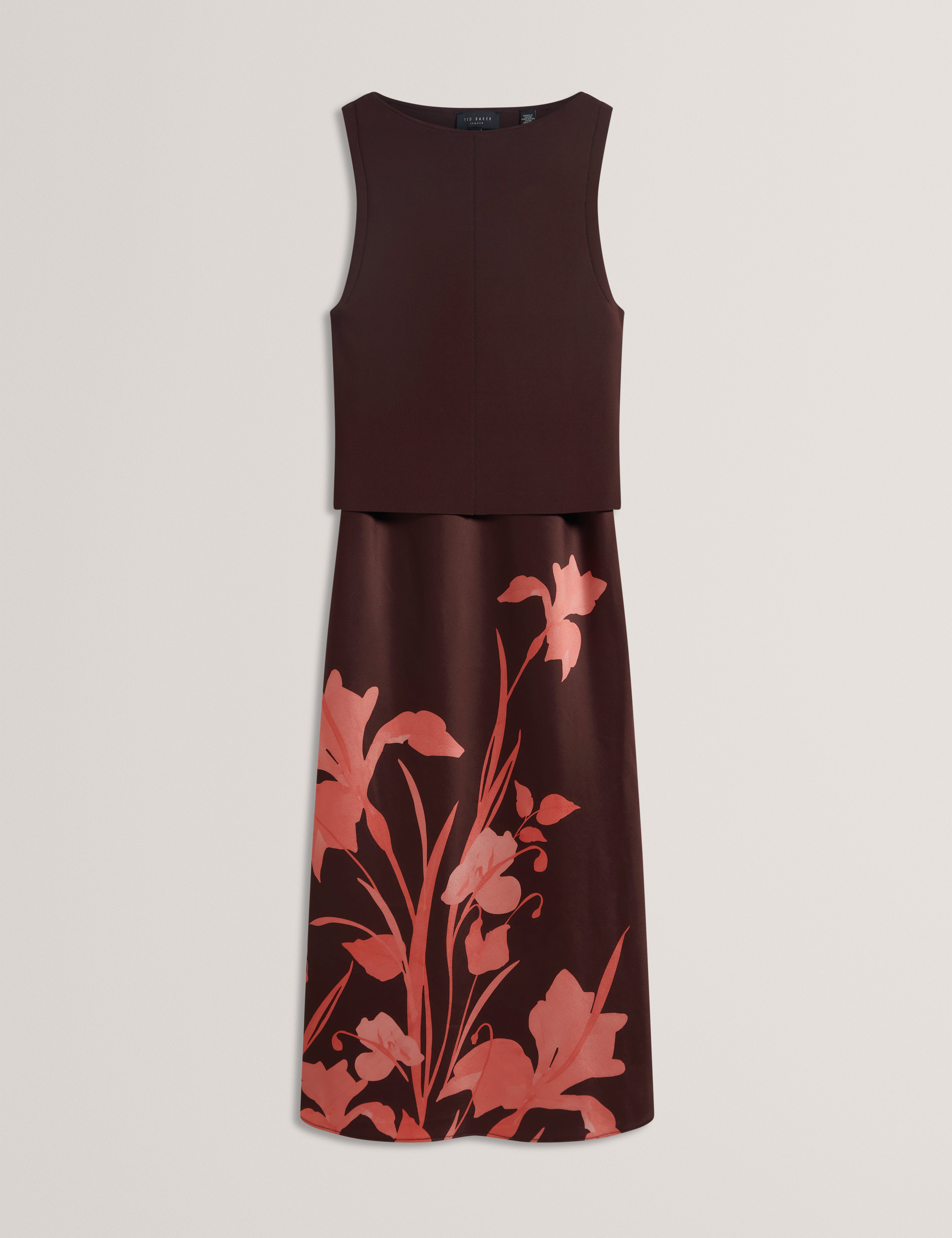 Women's LATTENA-Printed Satin Midi Dress With Removable Tank DK-Brown