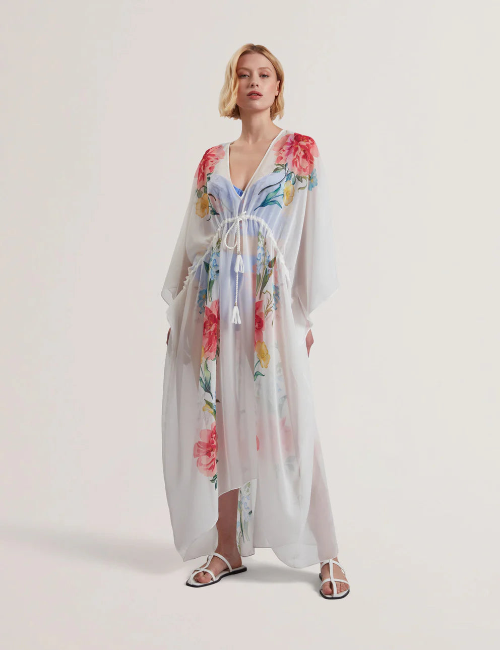 Womens LUUSAA-Plunge Floral Printed Maxi Cover Up White