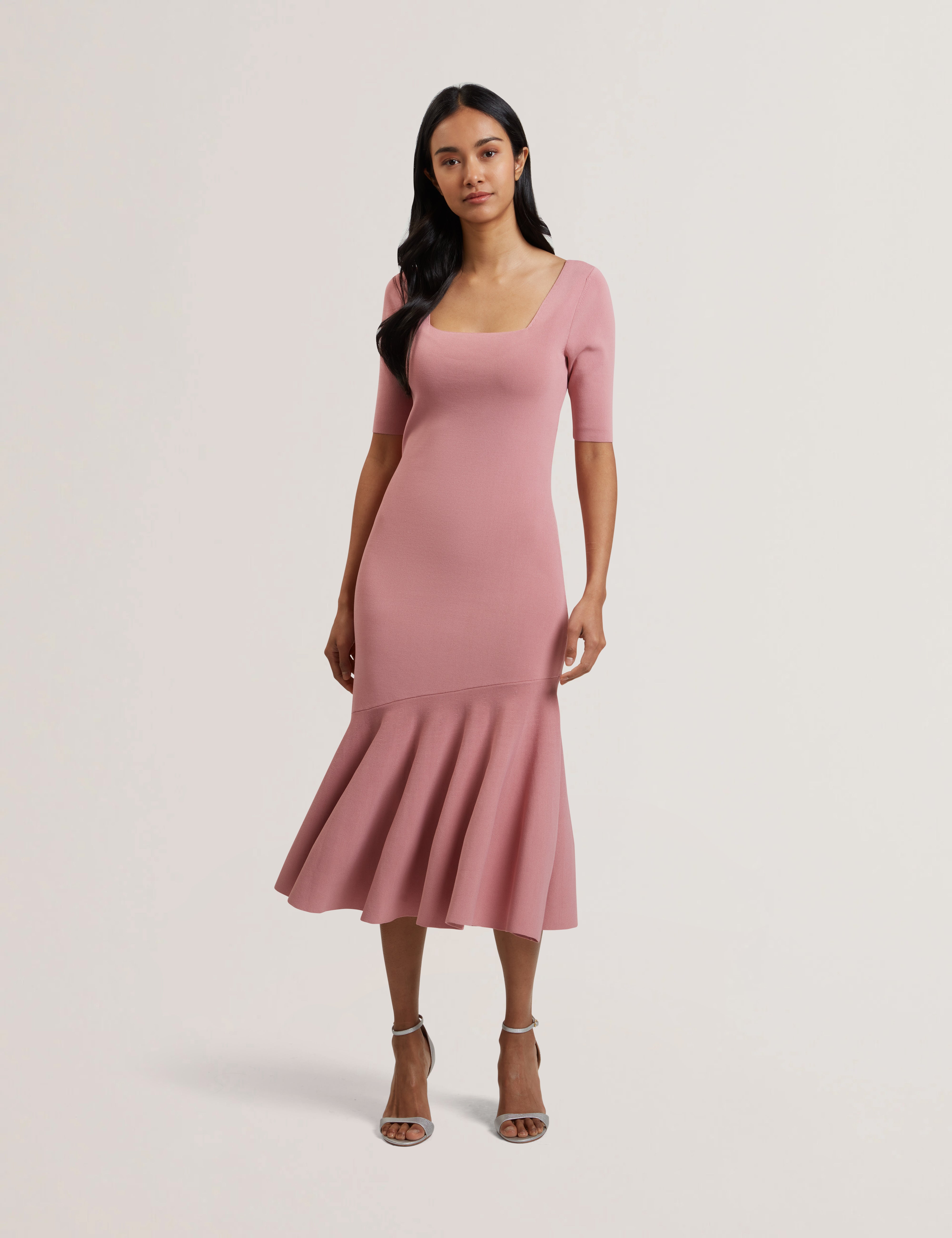 Women's MIYHAA-Knitted Flippy Skirt Sleeveless Midi Dress Mid-Pink