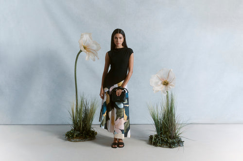 AESLYN: Printed Jersey Midi Dress With Satin Skirt