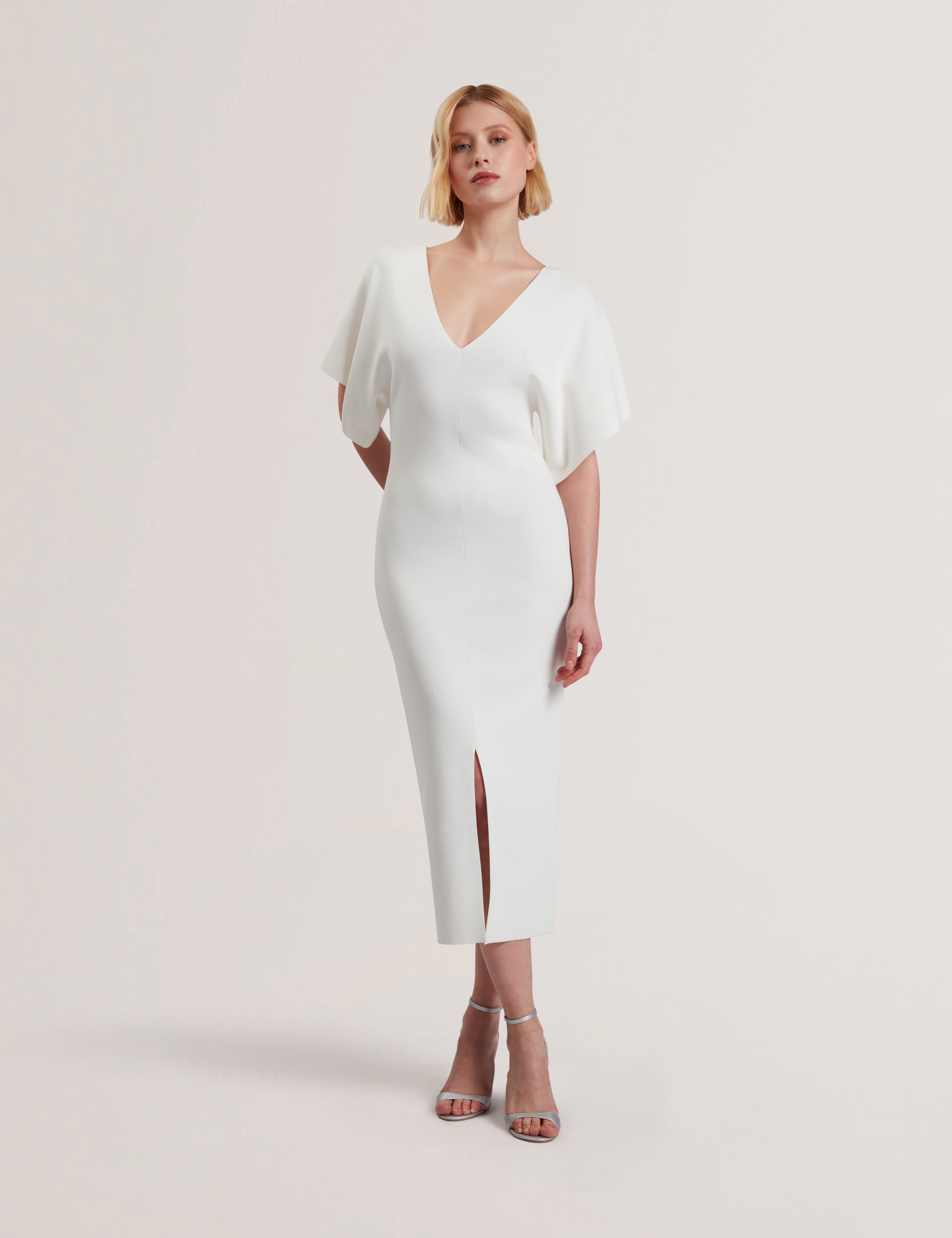 Women's REBEXXA-V-Neck Knitted Midi Dress Ivory
