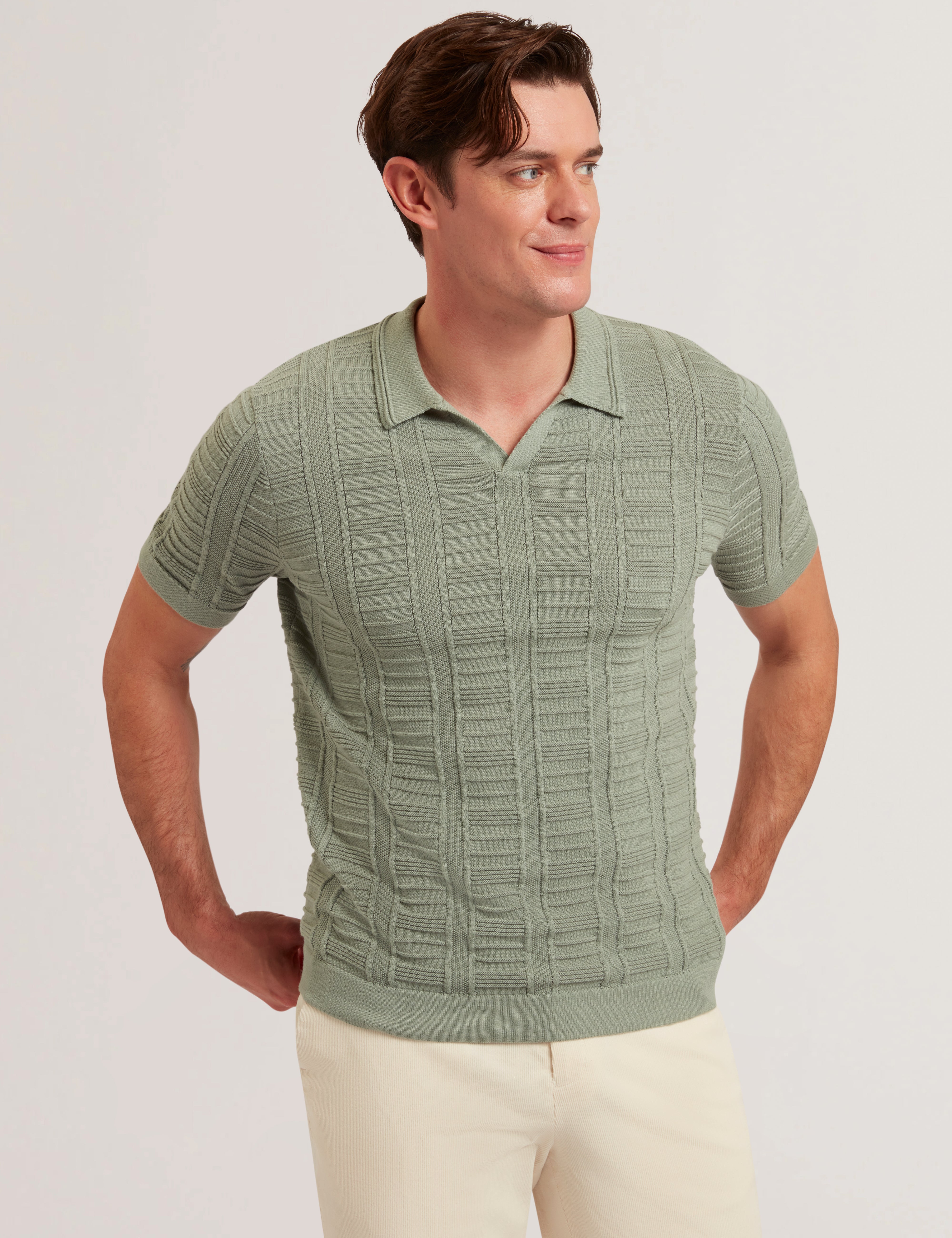 Men's RUZZA-SS Open Neck Textured Polo Green