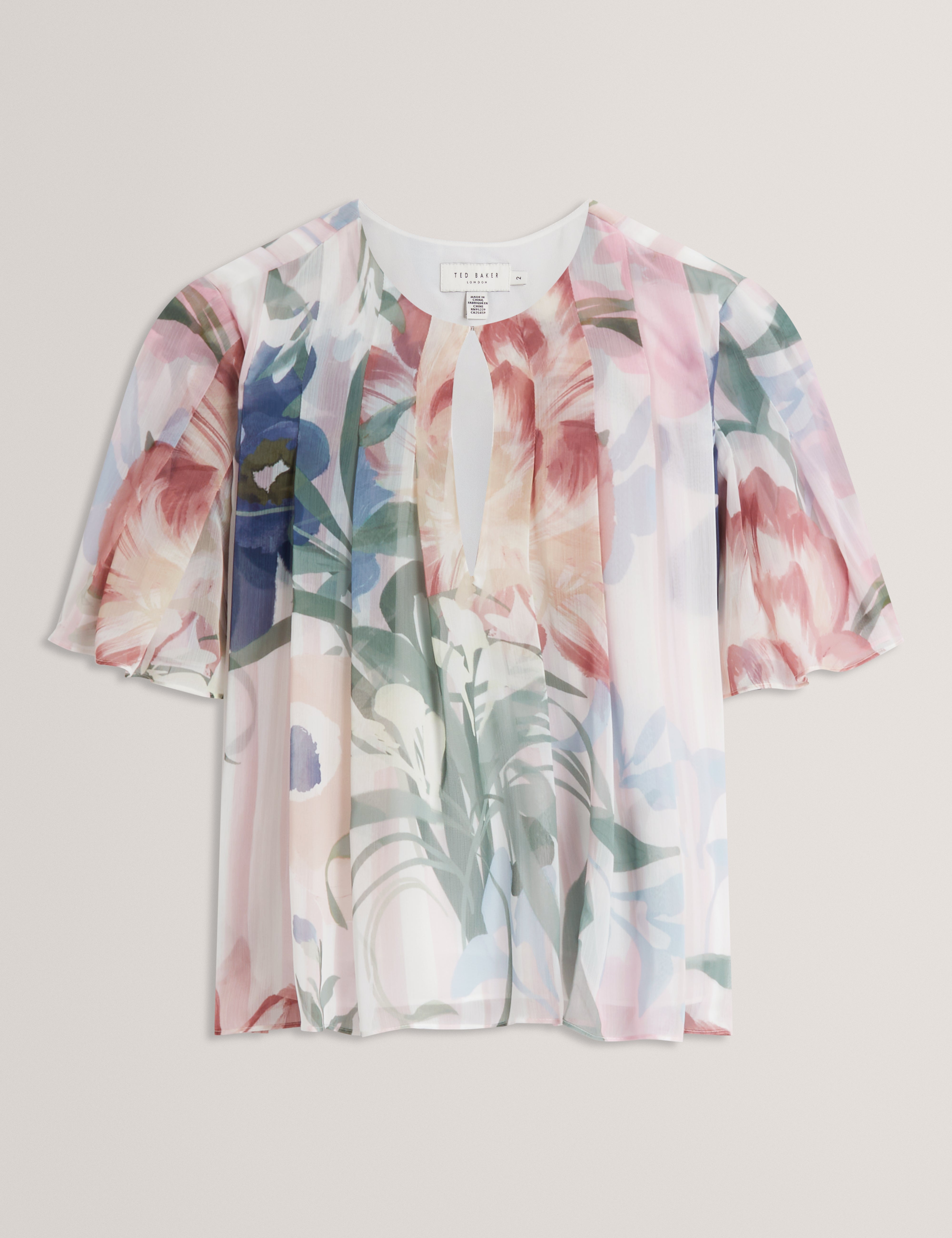 NANSII: Pleated Angel Sleeve Printed Top