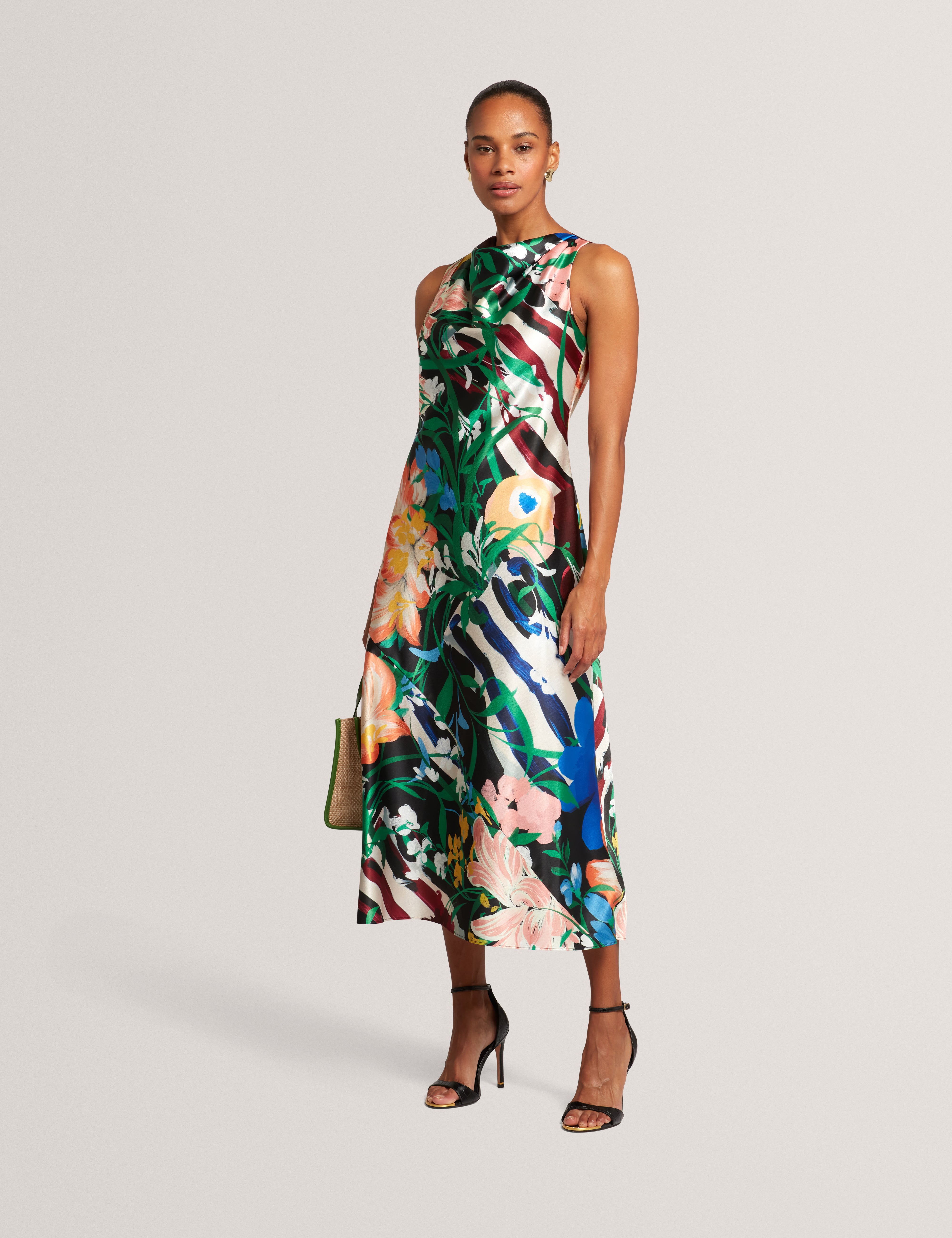 EHLANOR: Drape Neck Printed Midi Dress