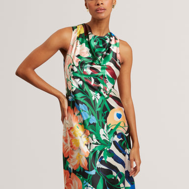 EHLANOR: Drape Neck Printed Midi Dress