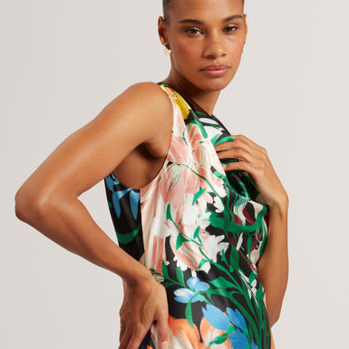 EHLANOR: Drape Neck Printed Midi Dress
