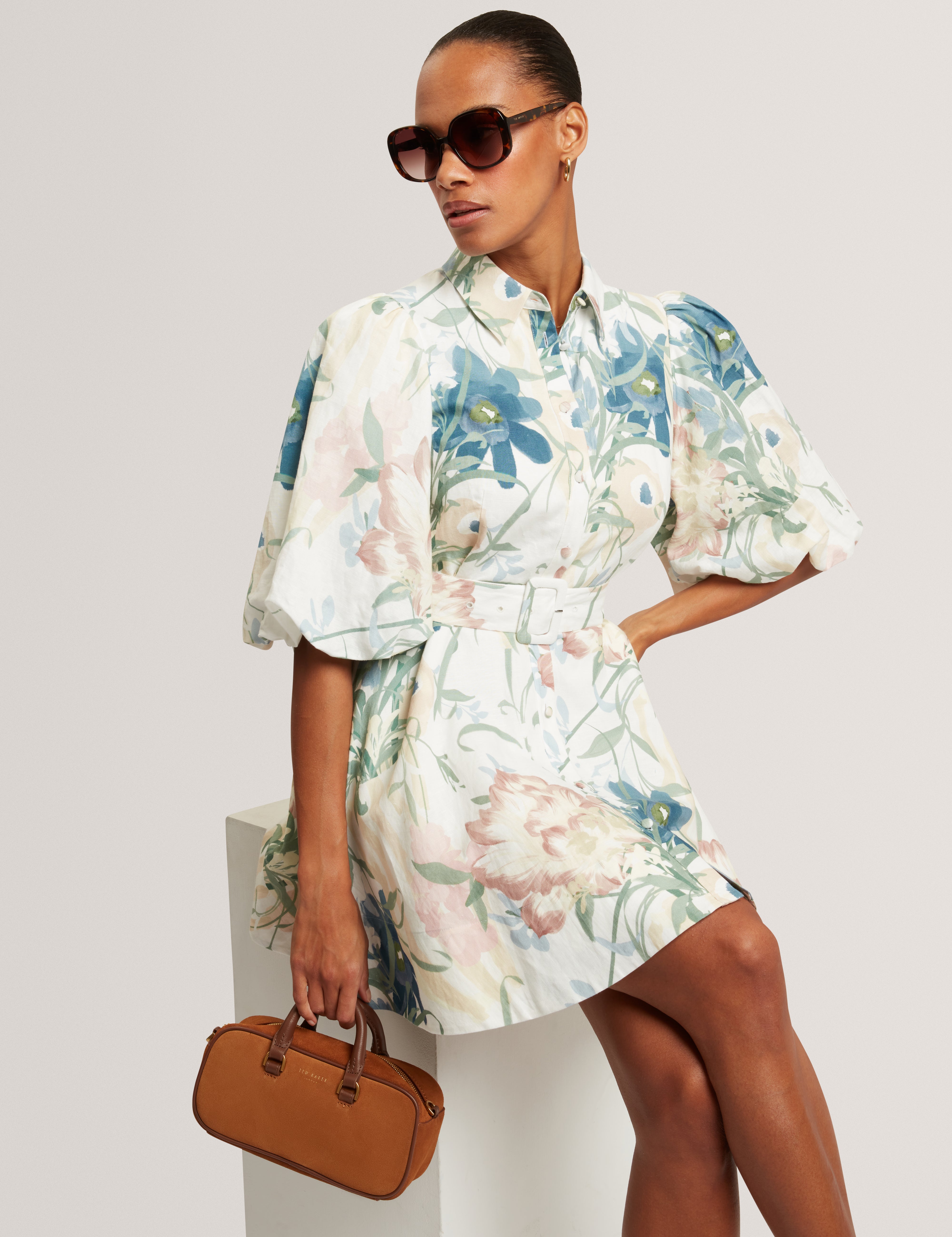 OLLIIV: Puff Sleeve Printed Mini Shirt Dress