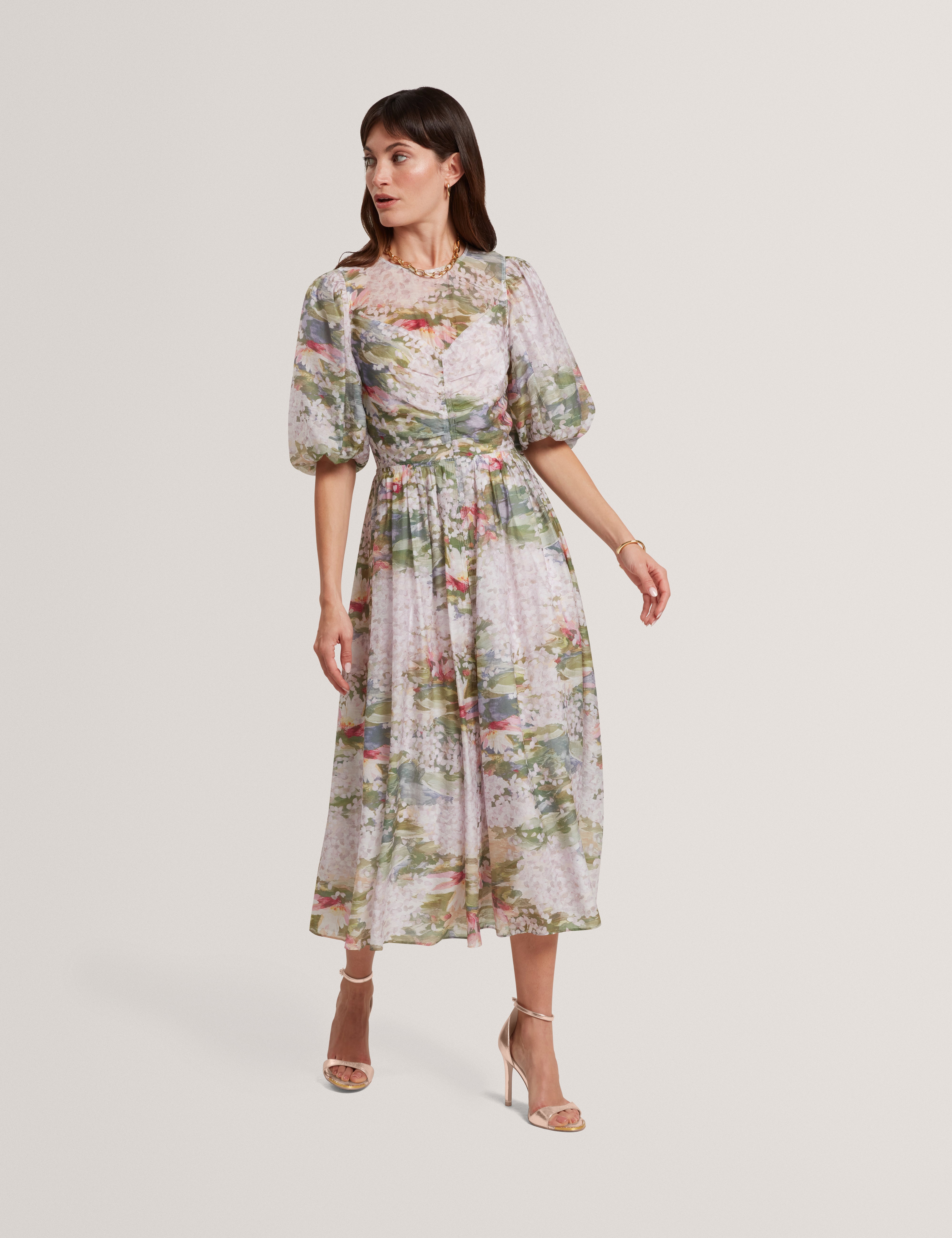 JONORA: Puff Sleeve Printed Midi Dress
