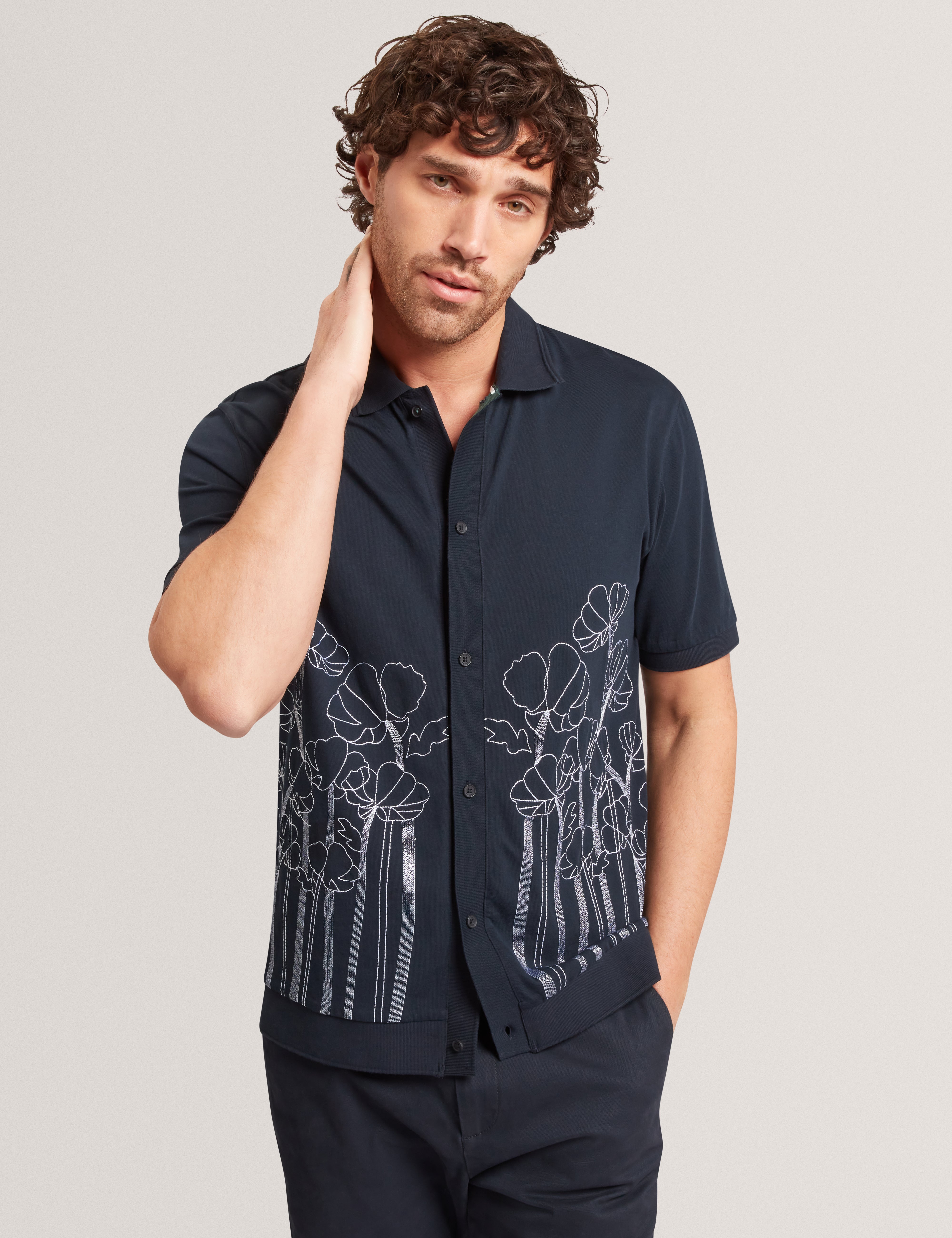 ACTTON: Ss Floral Embroidered Button Through Polo