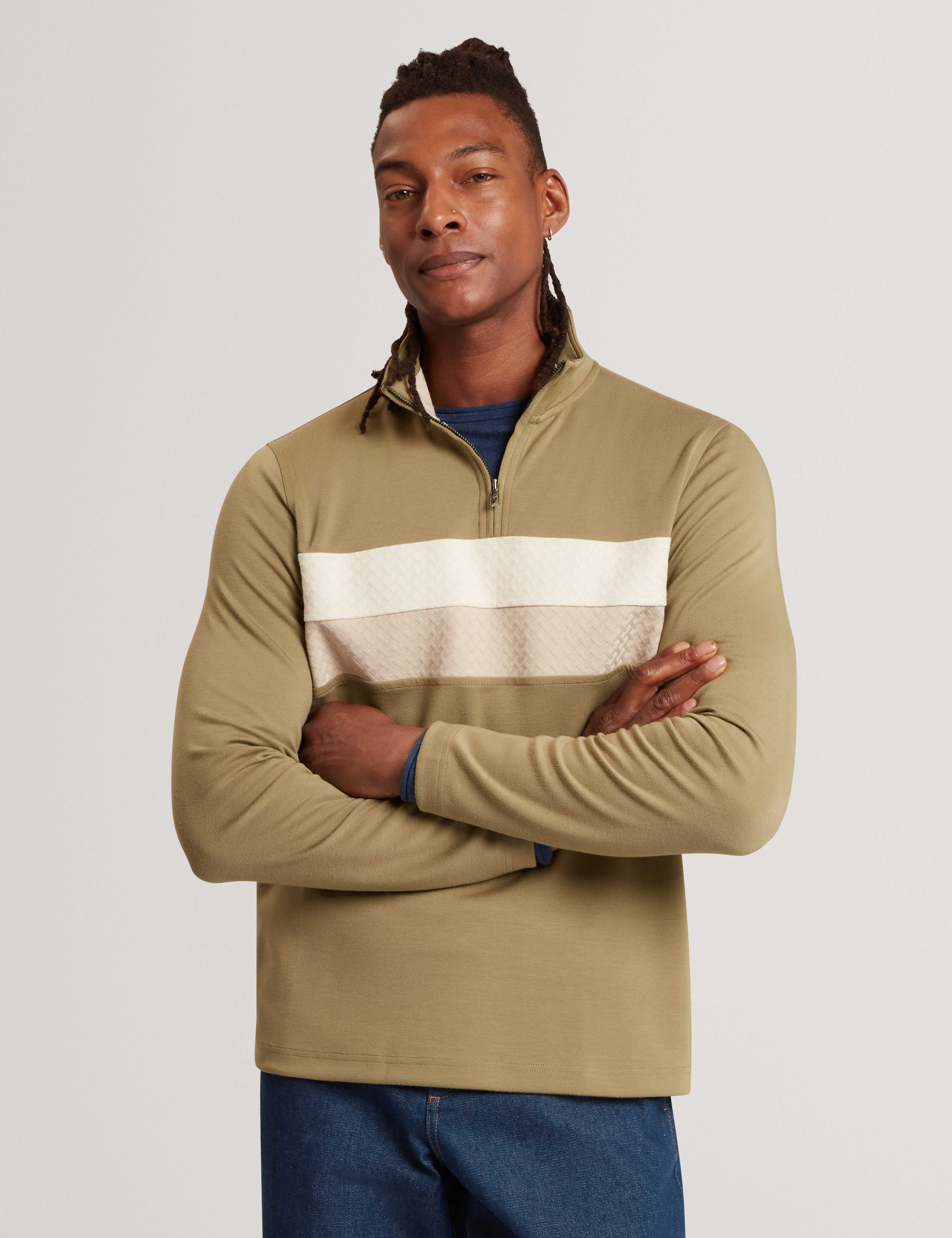 VIKTORO: T Stitch Contrast Panel Half-Zip