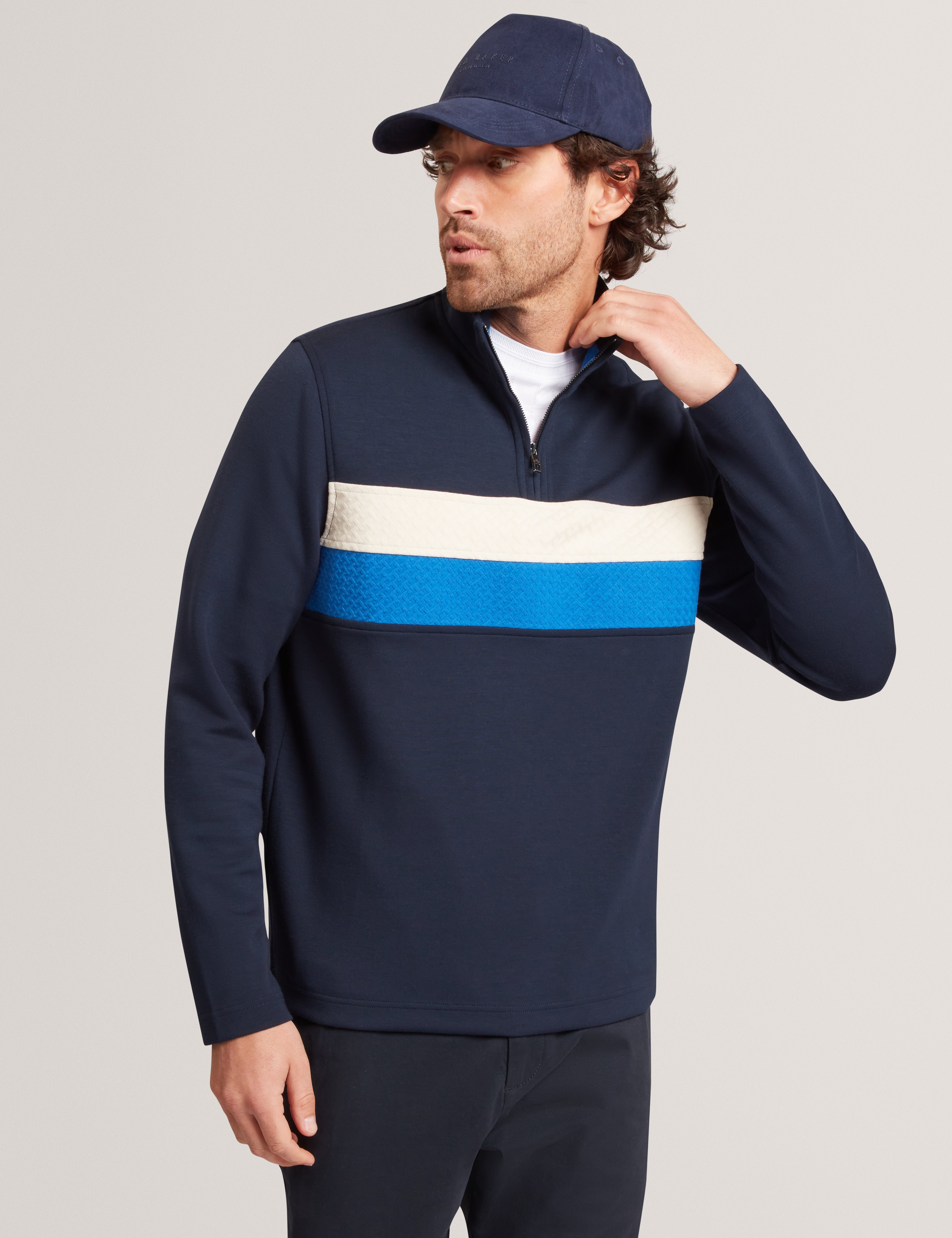 VIKTORO: T Stitch Contrast Panel Half-Zip