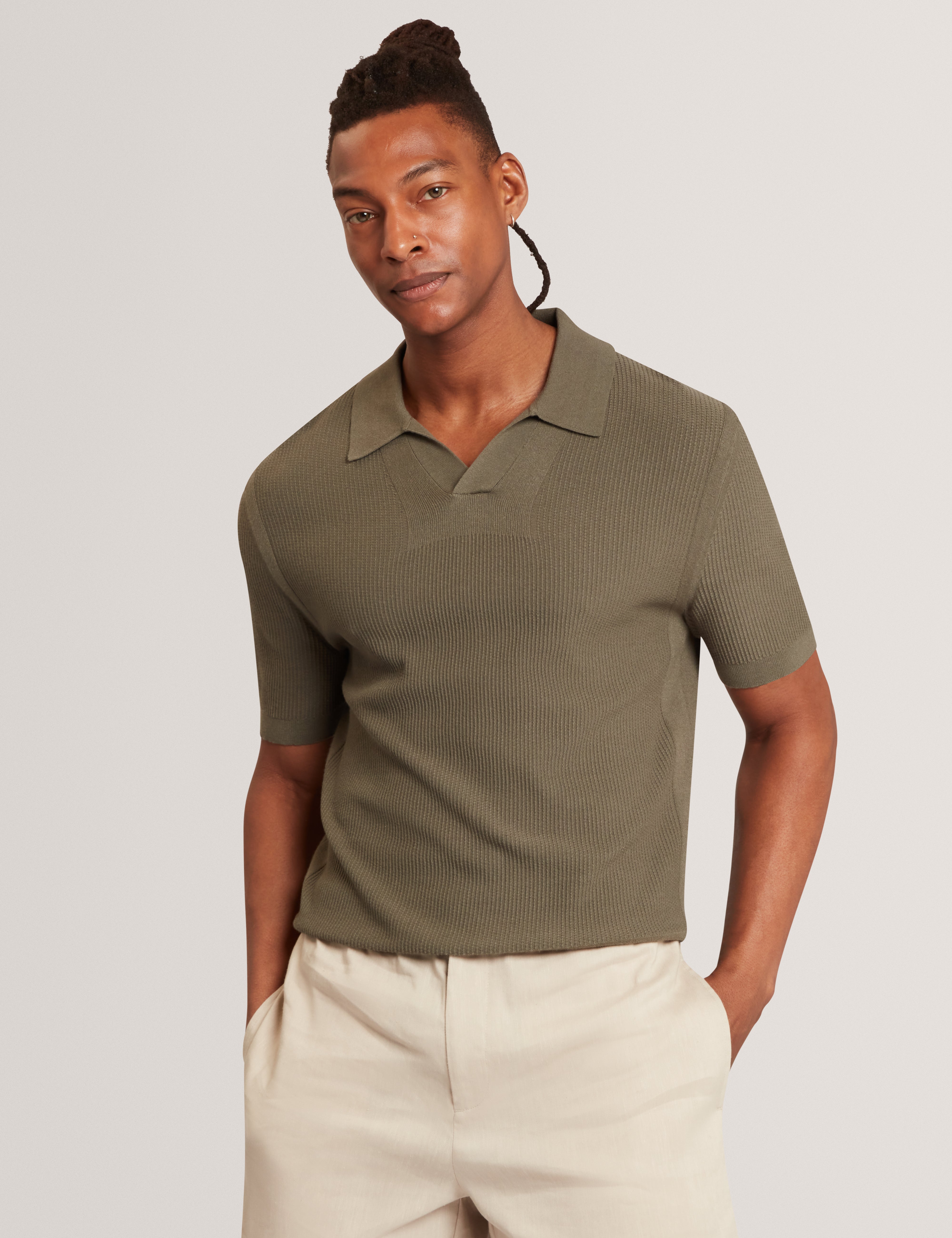 AINDREA: Ss Stitch Detail Open Neck Polo