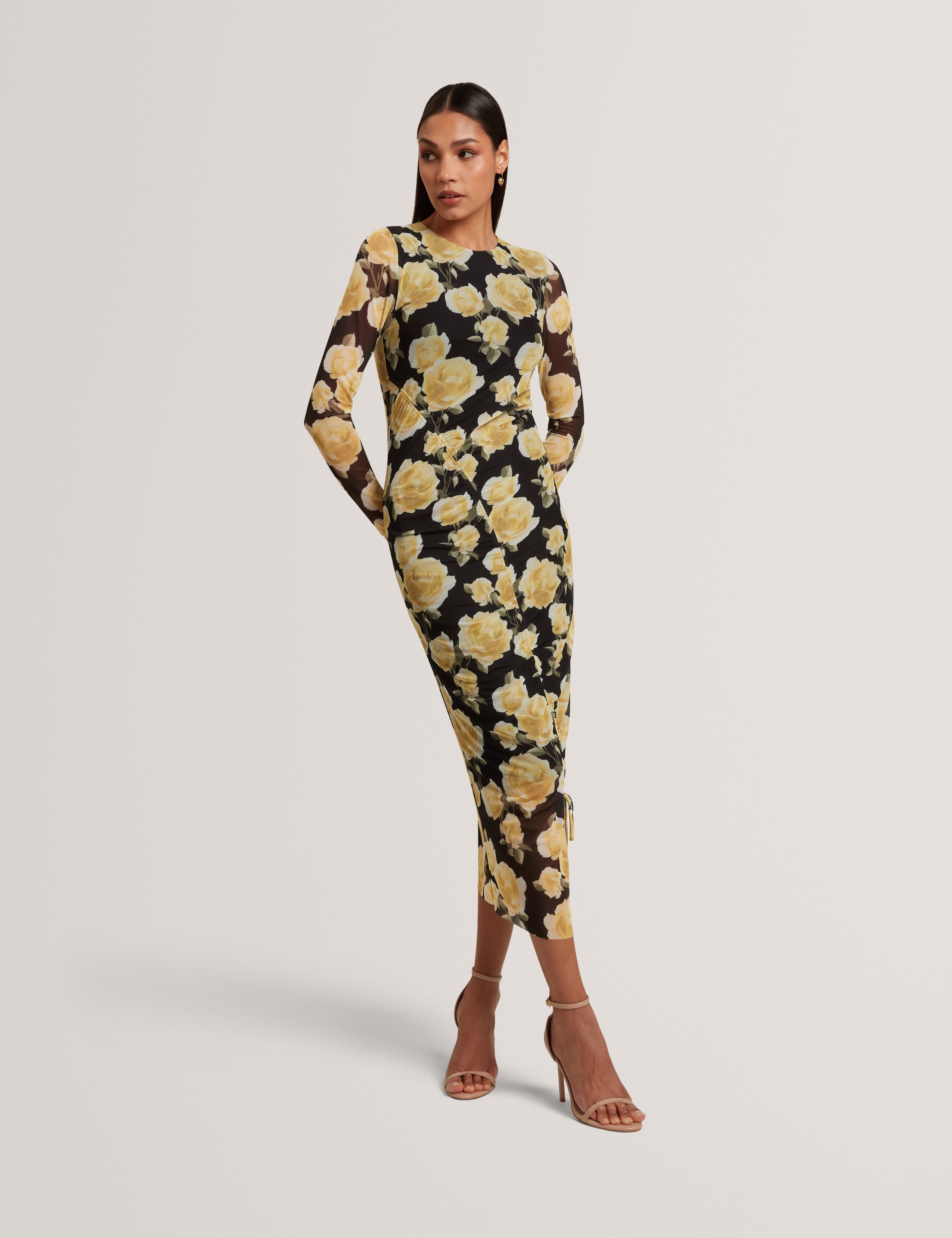ELVYN: Printed Long Sleeve Bodycon Midi Dress