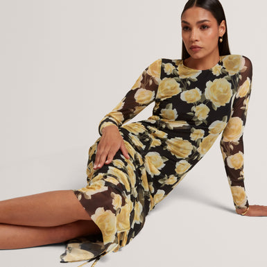 ELVYN: Printed Long Sleeve Bodycon Midi Dress