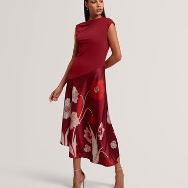 AULYA: Printed Jersey Midi Dress With Satin Ski