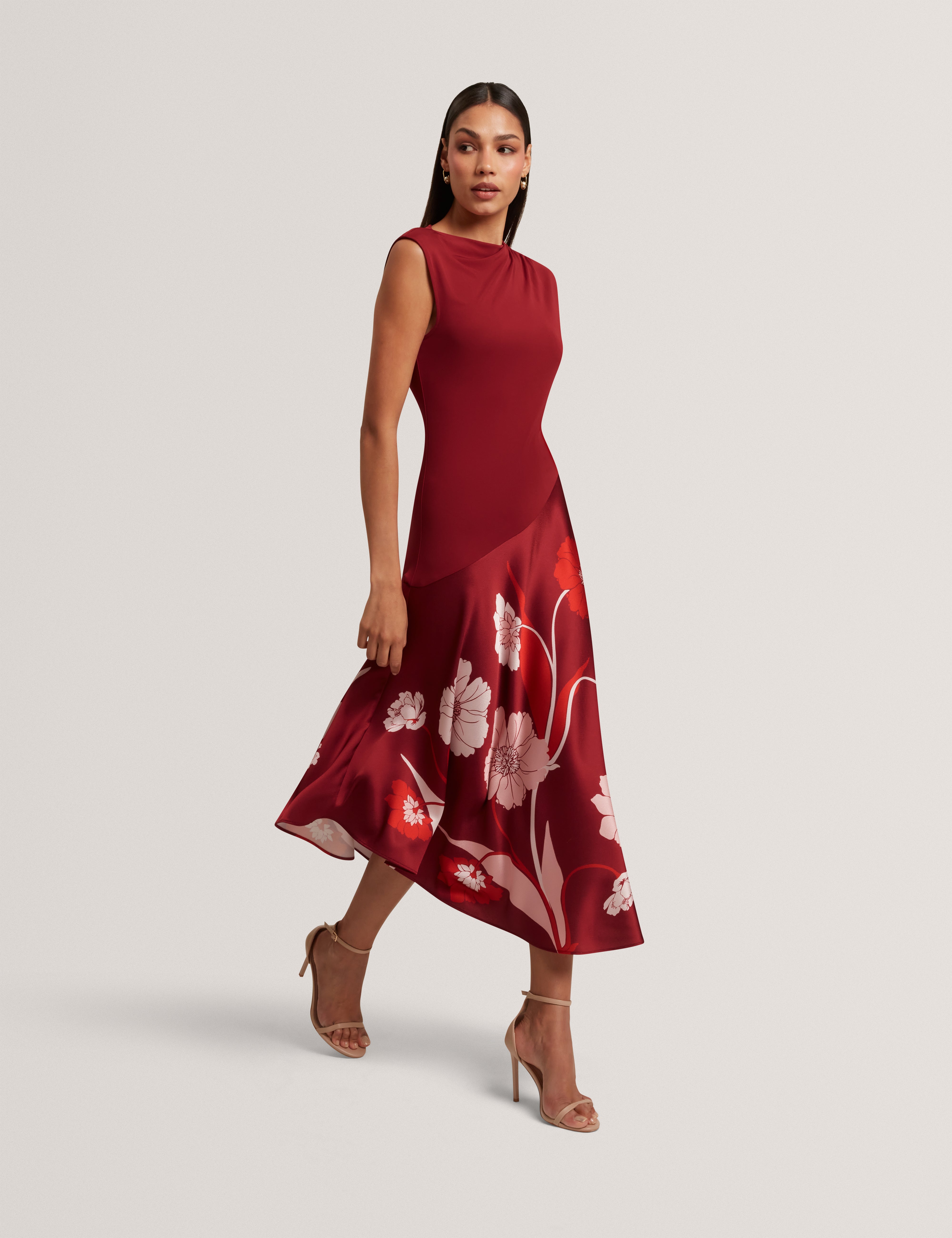 AULYA: Printed Jersey Midi Dress With Satin Ski