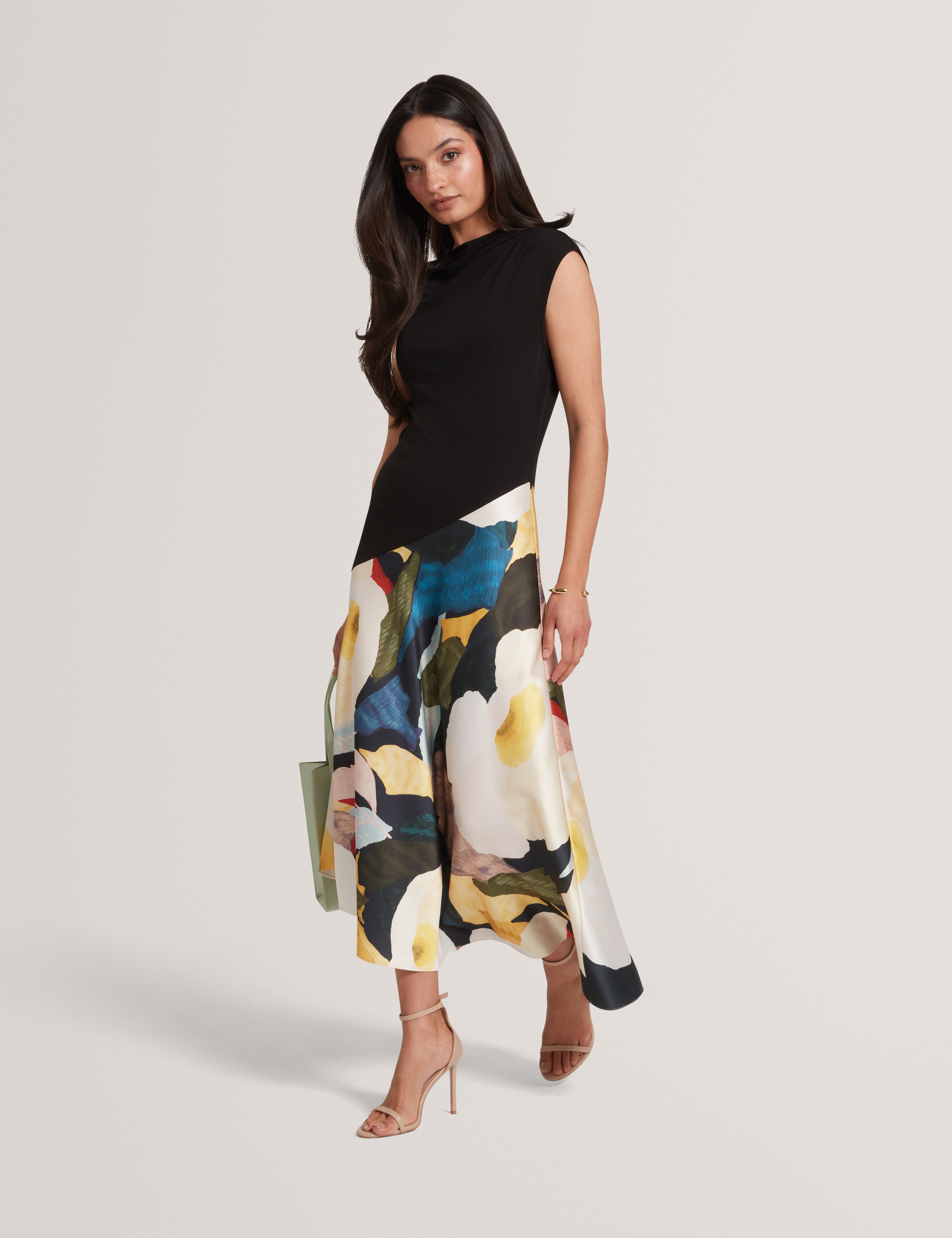 AESLYN: Printed Jersey Midi Dress With Satin Skirt