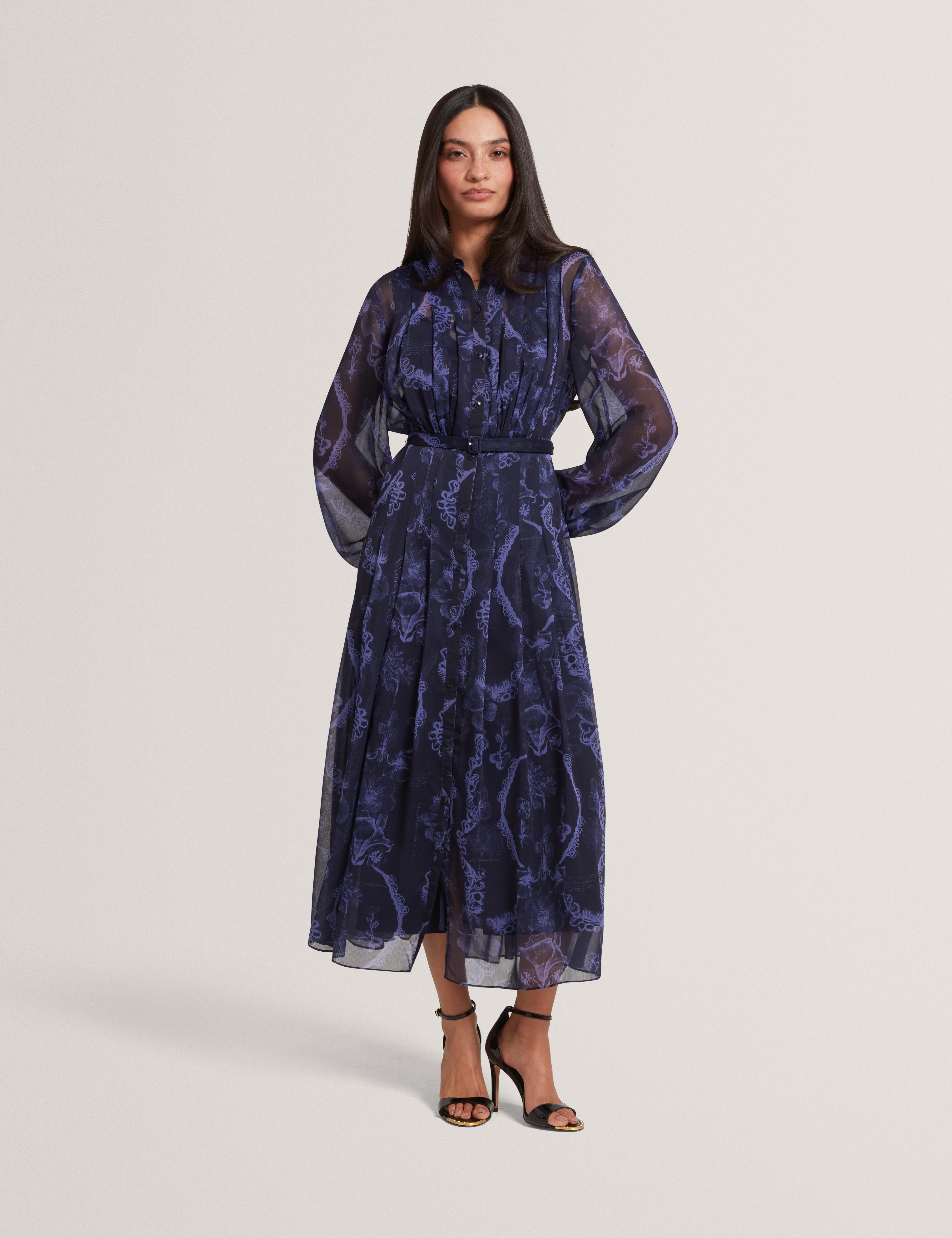 OSKANA: Pleated Midi Printed Shirt Dress