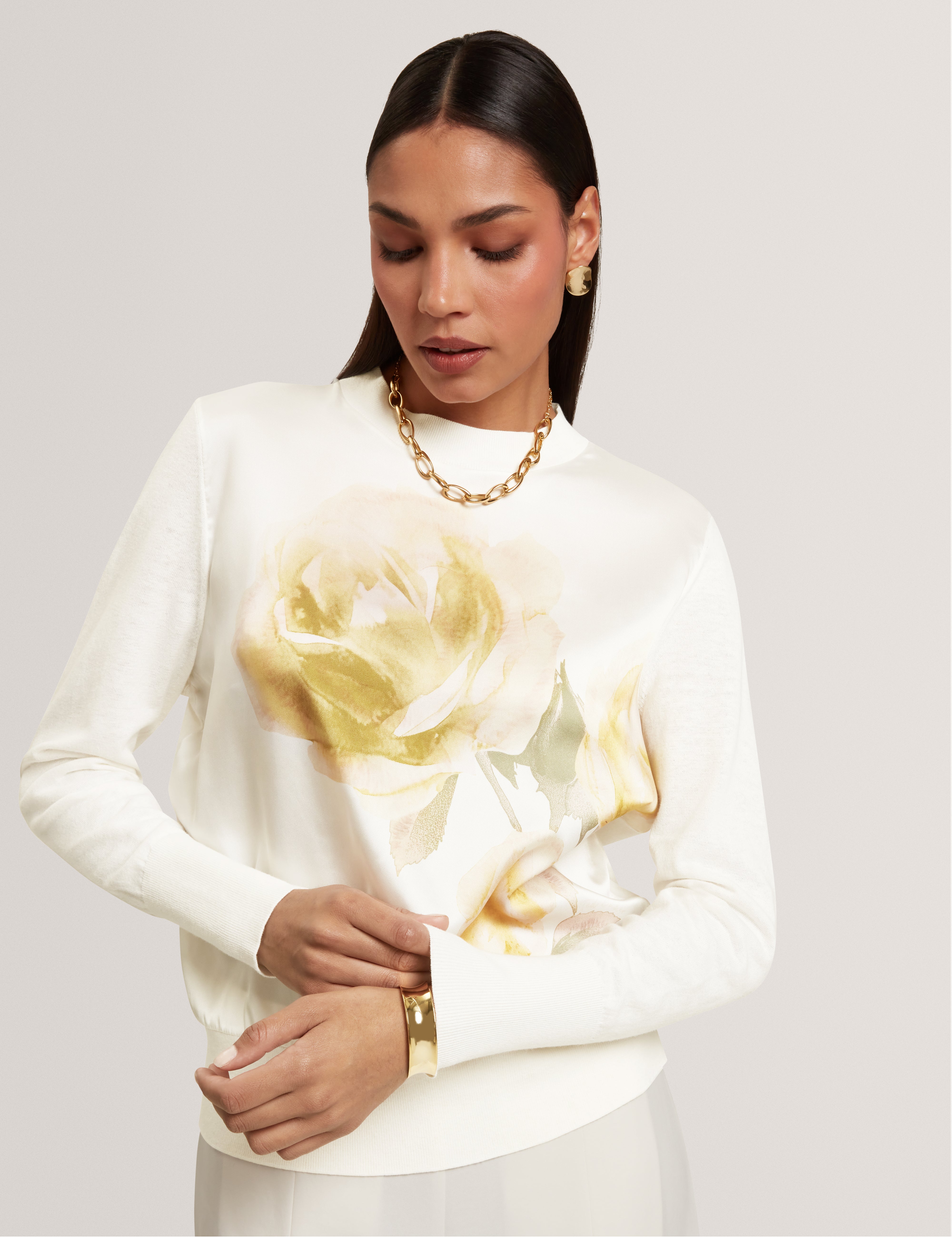 ROSINN: Long Sleeve Printed Woven Front Sweater