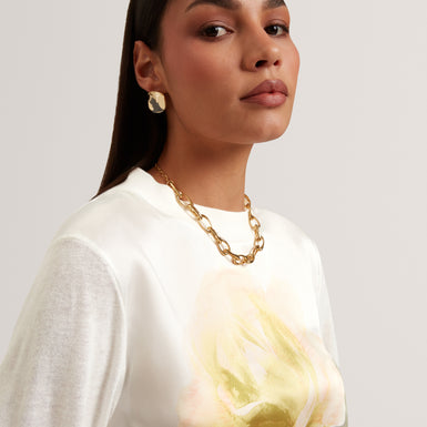 ROSINN: Long Sleeve Printed Woven Front Sweater