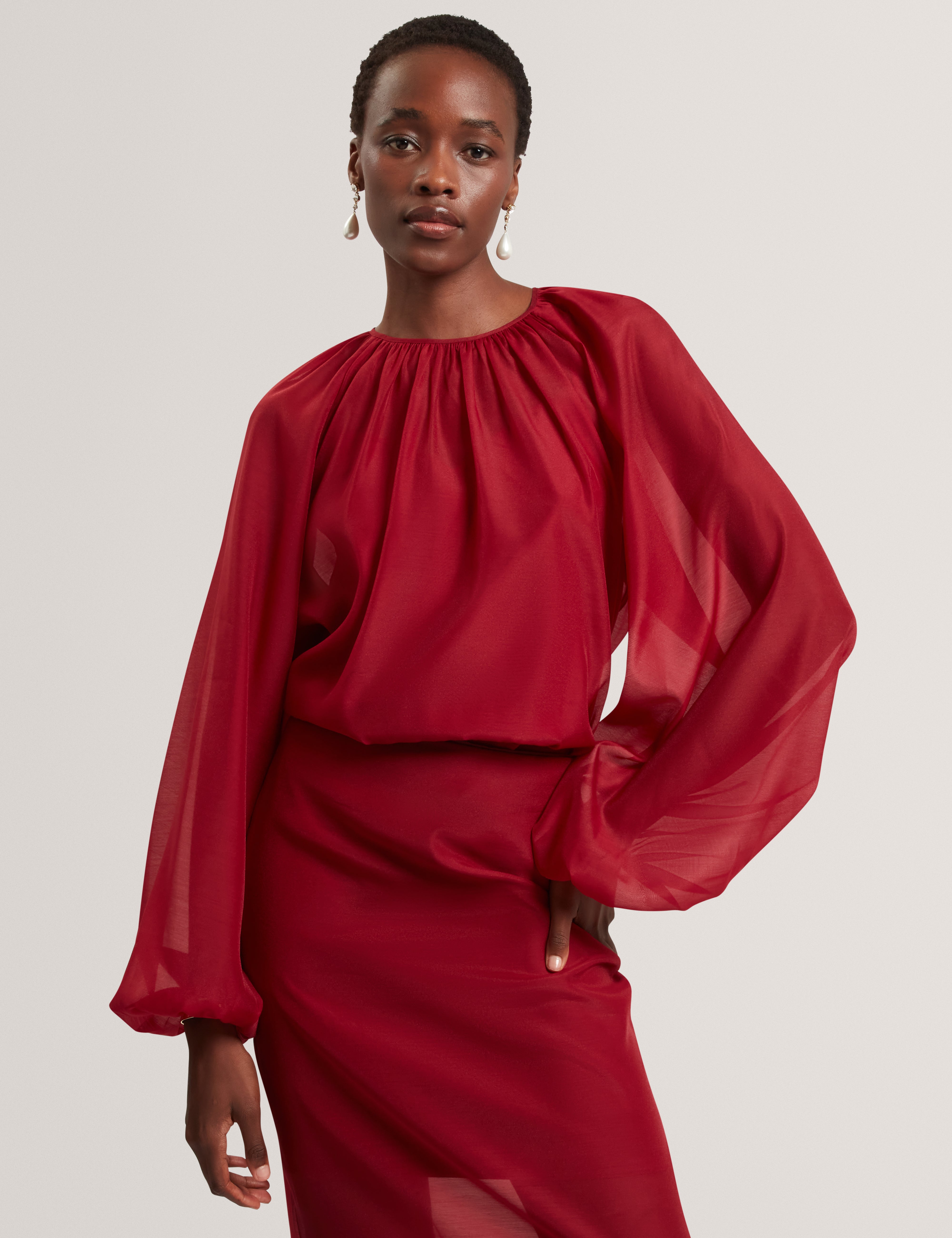 EELANA: Puff Sleeve Blouse With Organza Overlay