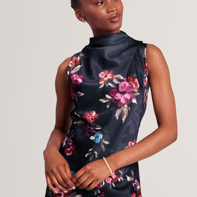 WICKLA: Floral Printed Drape Neck Midi Dress