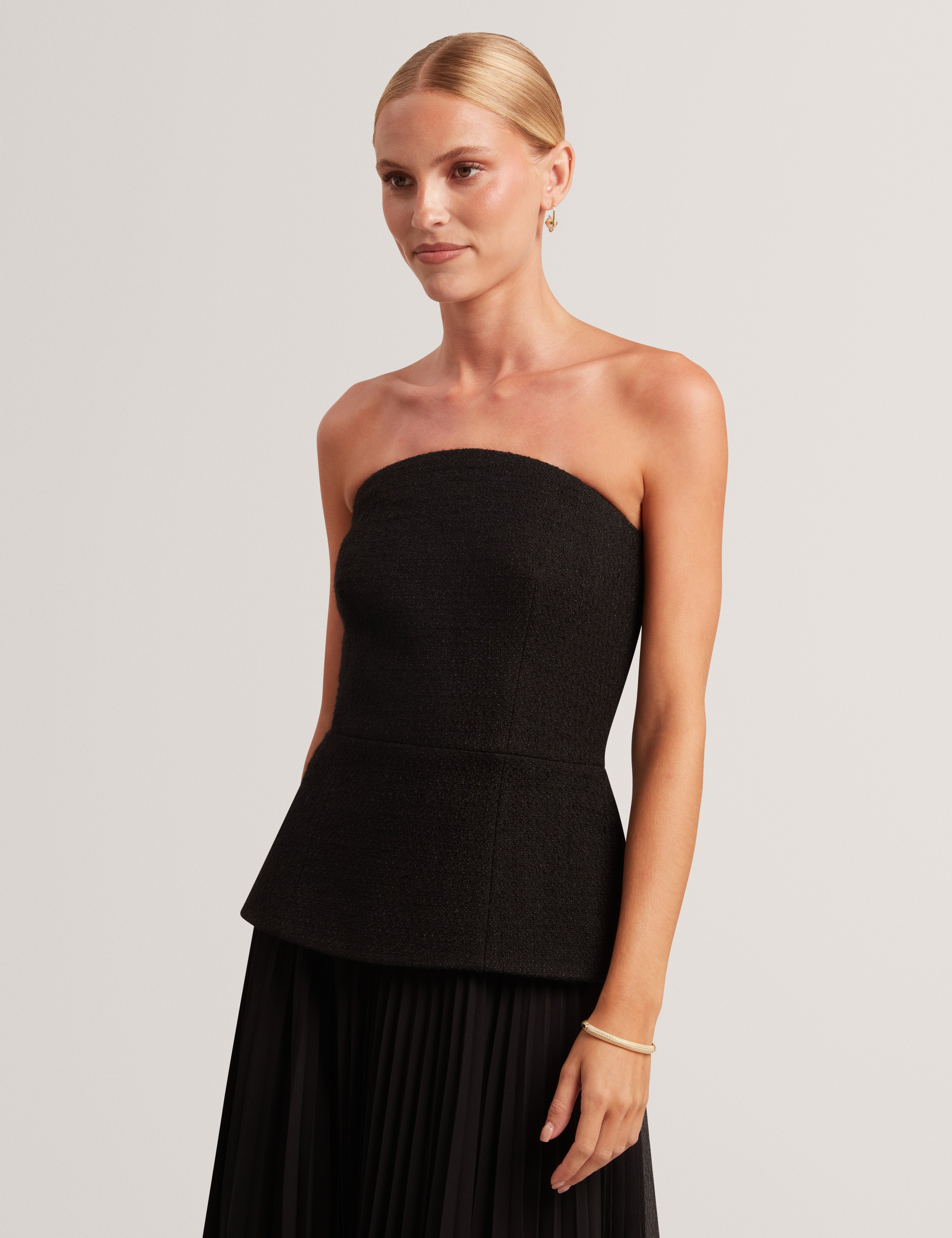 RADDIM: Strapless Boucle Top Pleated Maxi Dress