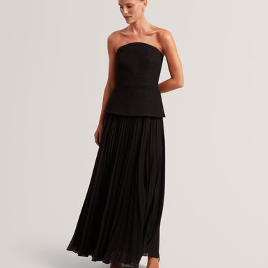 RADDIM: Strapless Boucle Top Pleated Maxi Dress