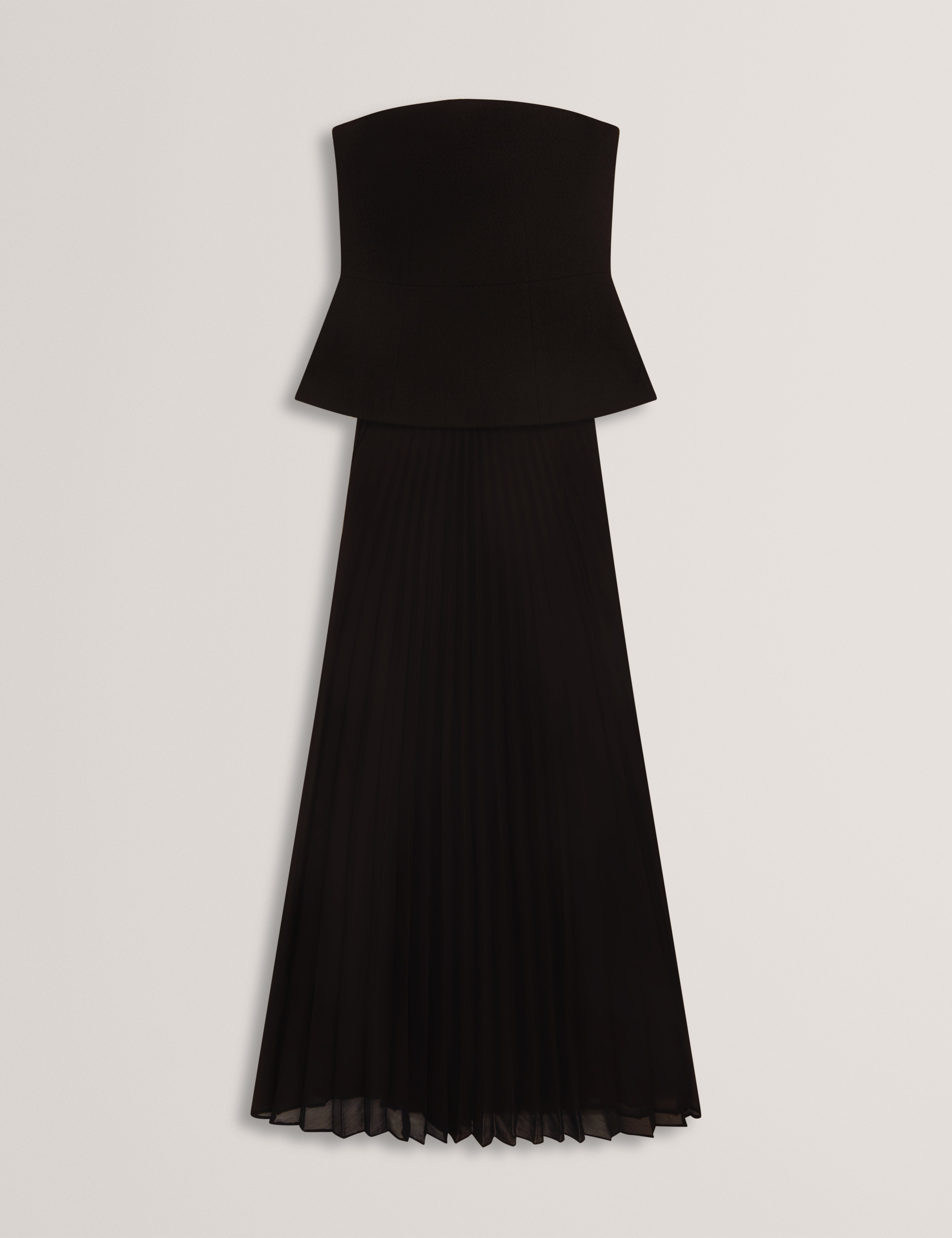 RADDIM: Strapless Boucle Top Pleated Maxi Dress
