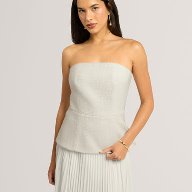 RADDIM: Strapless Boucle Top Pleated Maxi Dress